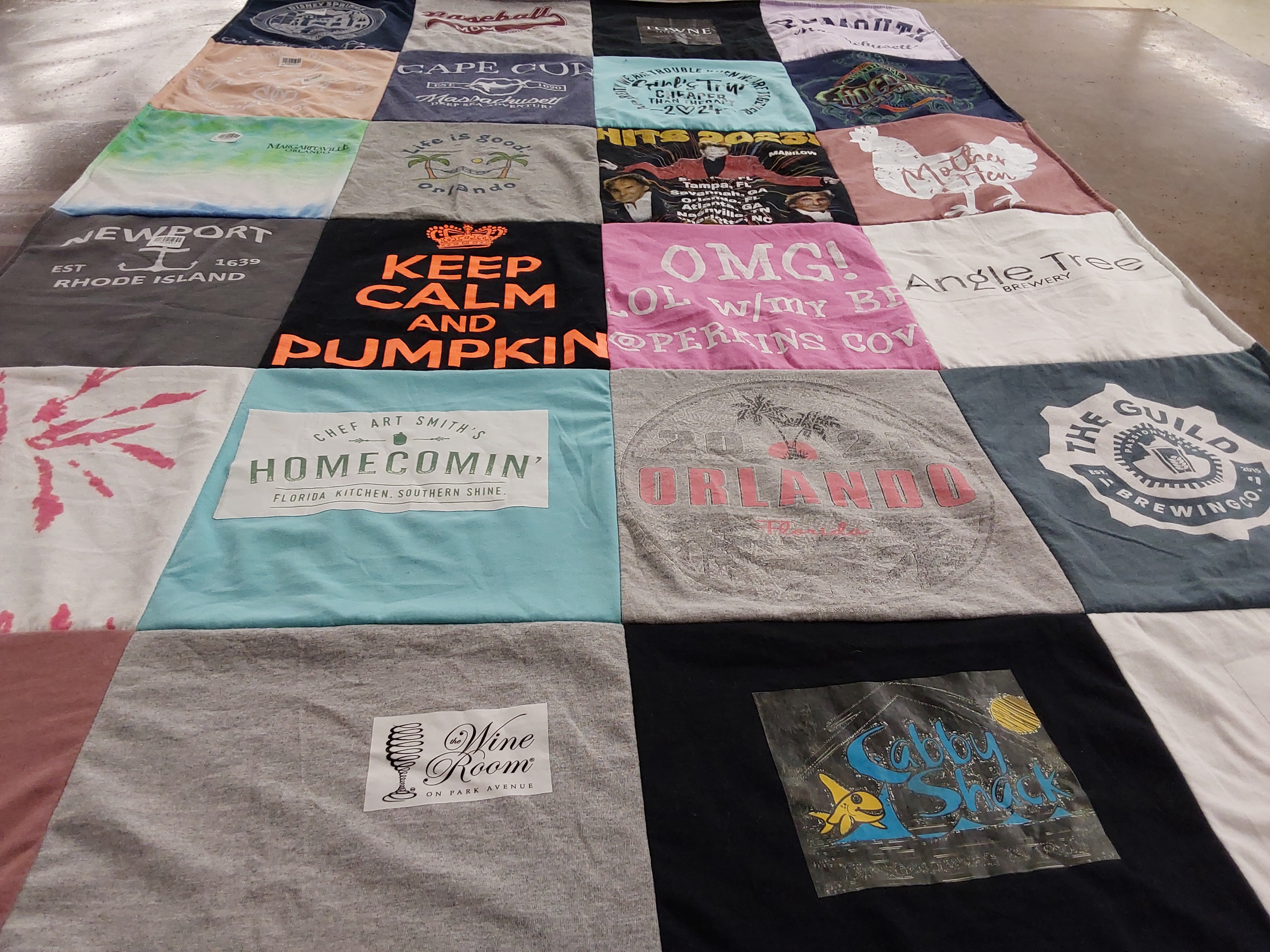 T-shirt quilt with travel, brewing themes by Melissa from MA