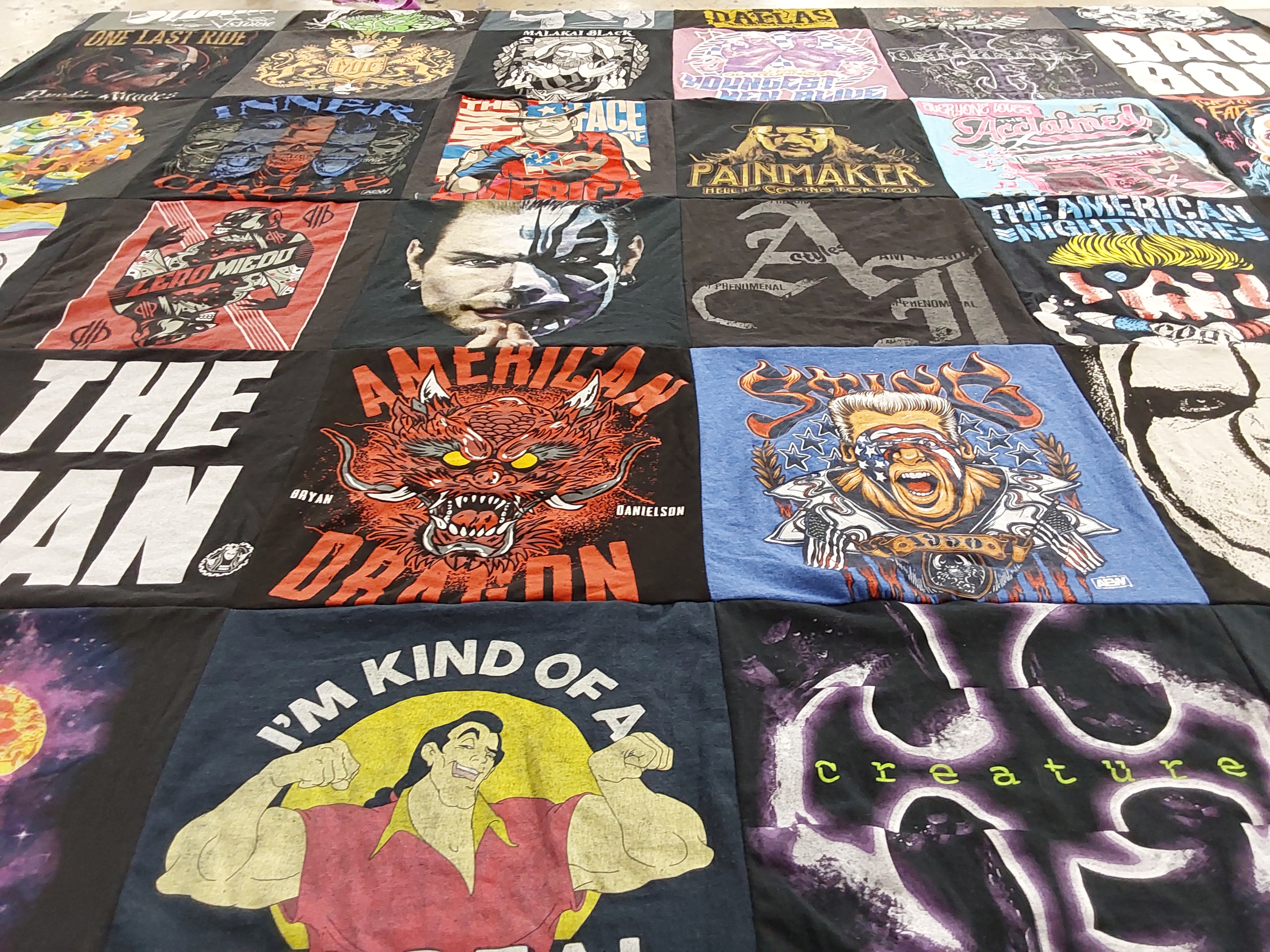 T-shirt quilt with wrestling, pop culture themes by David from PA