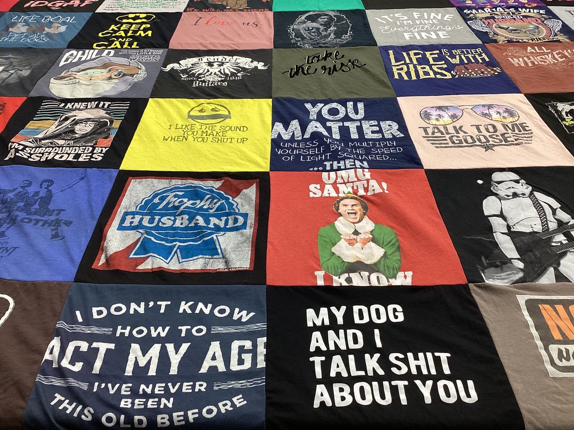 T-shirt quilt with humor, pets themes by Lisa from OR