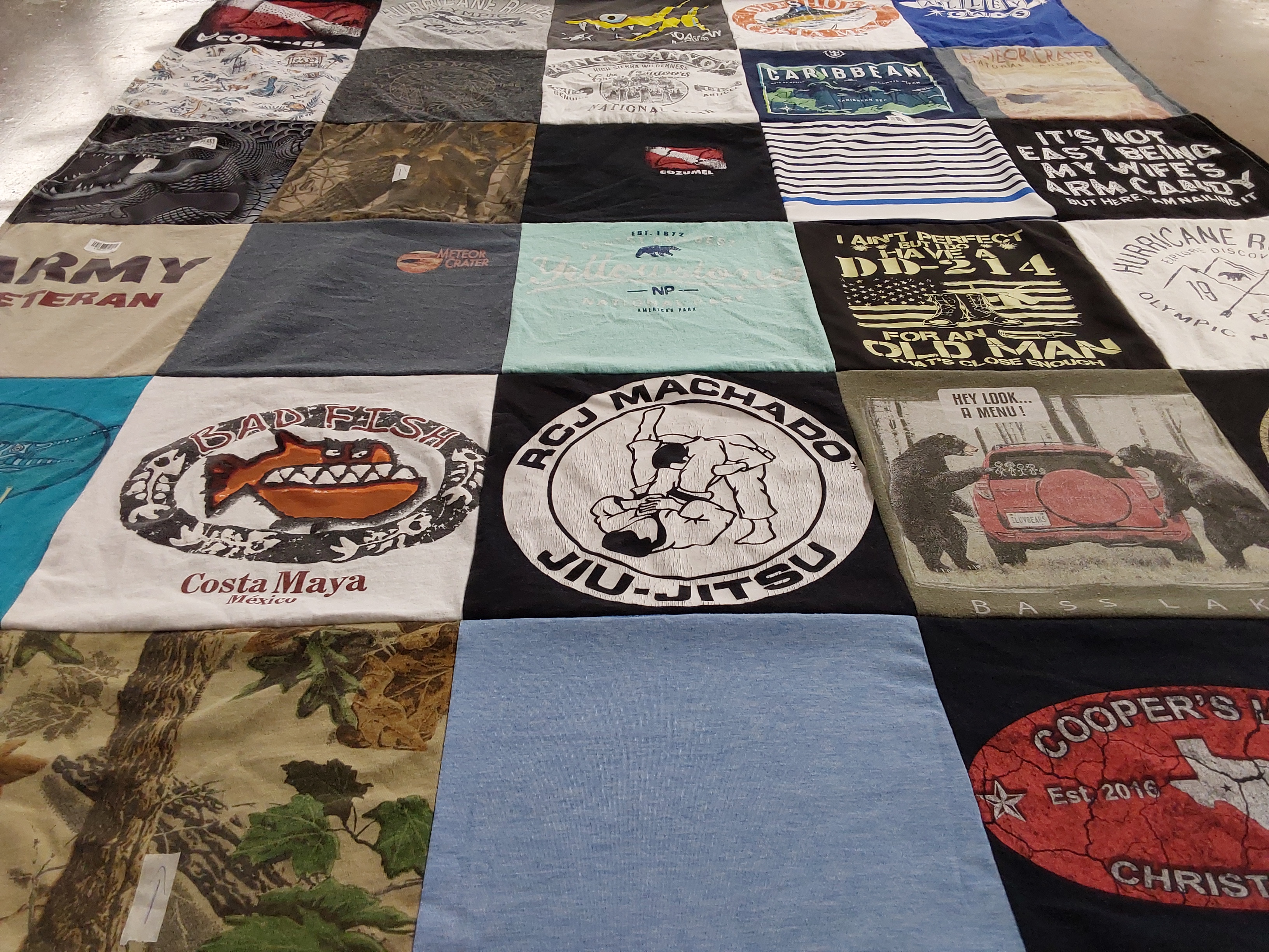 T-shirt quilt with fishing, jujitsu themes by Jennifer from TX