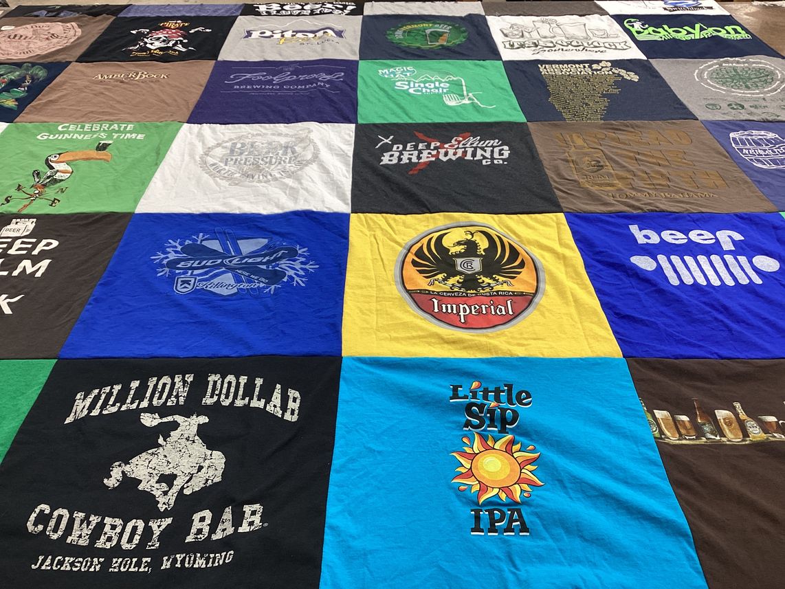 T-shirt quilt with brewing, alcohol themes by Christian from NY