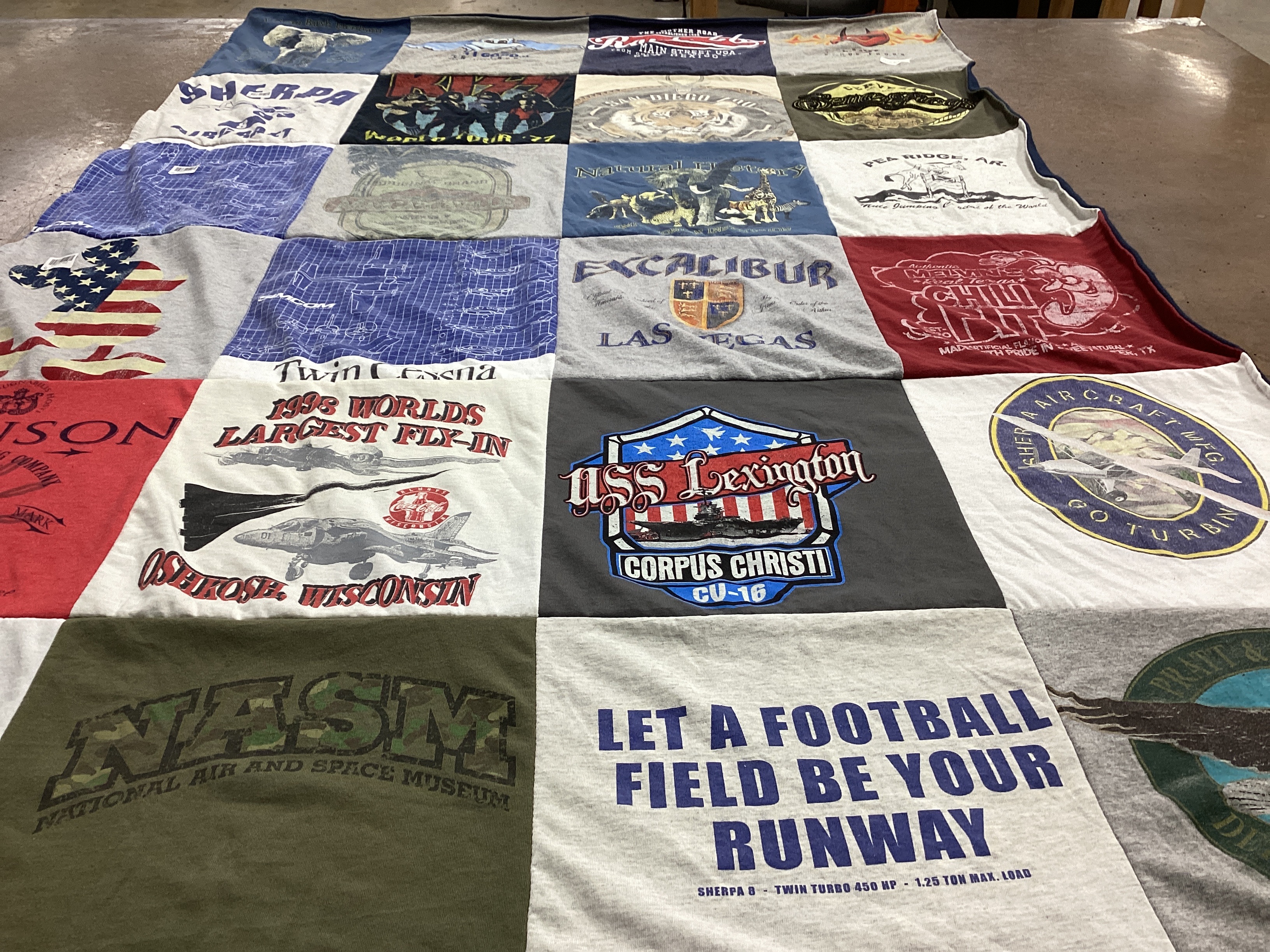 T-shirt quilt with aviation, museums themes by Lori from OK