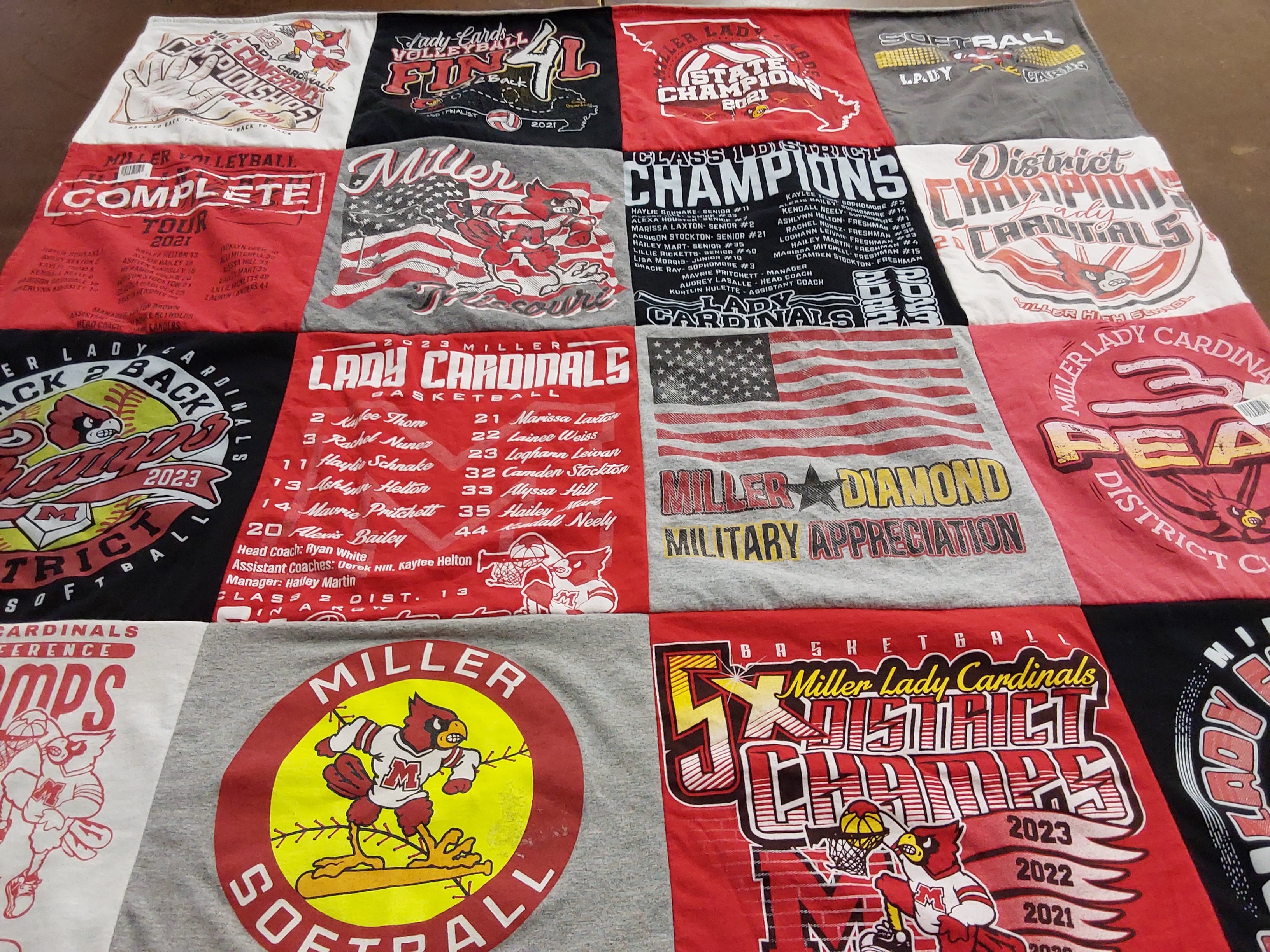 T-shirt quilt featuring miller lady cardinals basketball, miller lady cardinals softball by Alyssa from MO