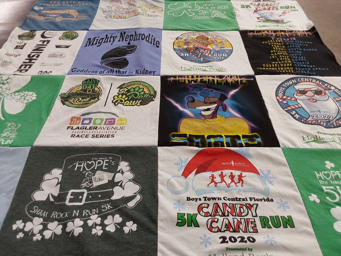 T-shirt quilt with running, charity themes by Kelly from FL