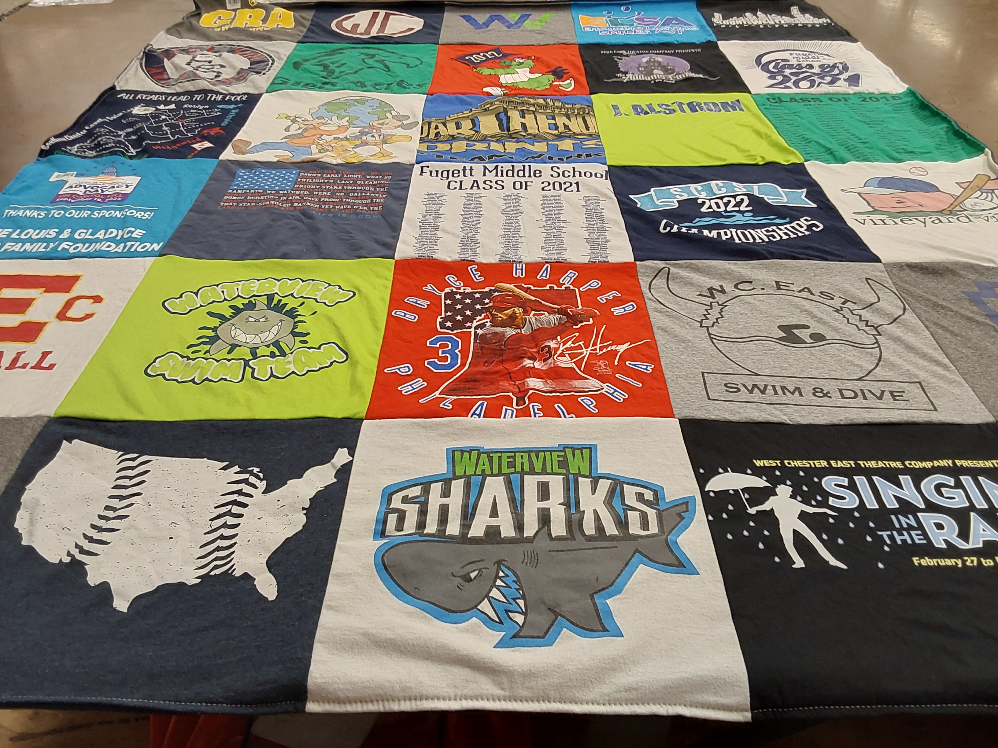 T-shirt quilt featuring waterview swim team, w.c. east swim and dive by Lauren from PA