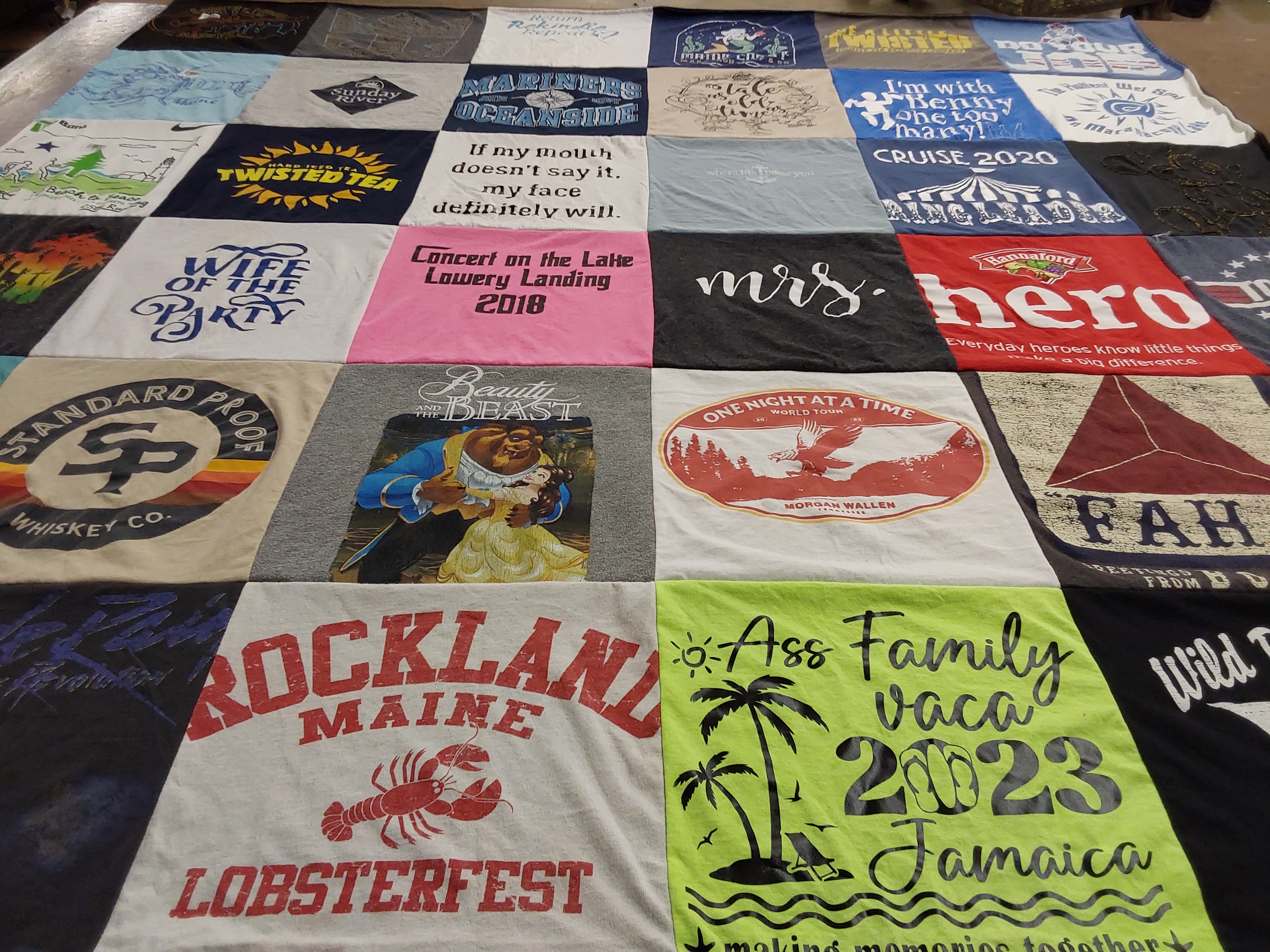 T-shirt quilt with family, music themes by Vanessa from ME