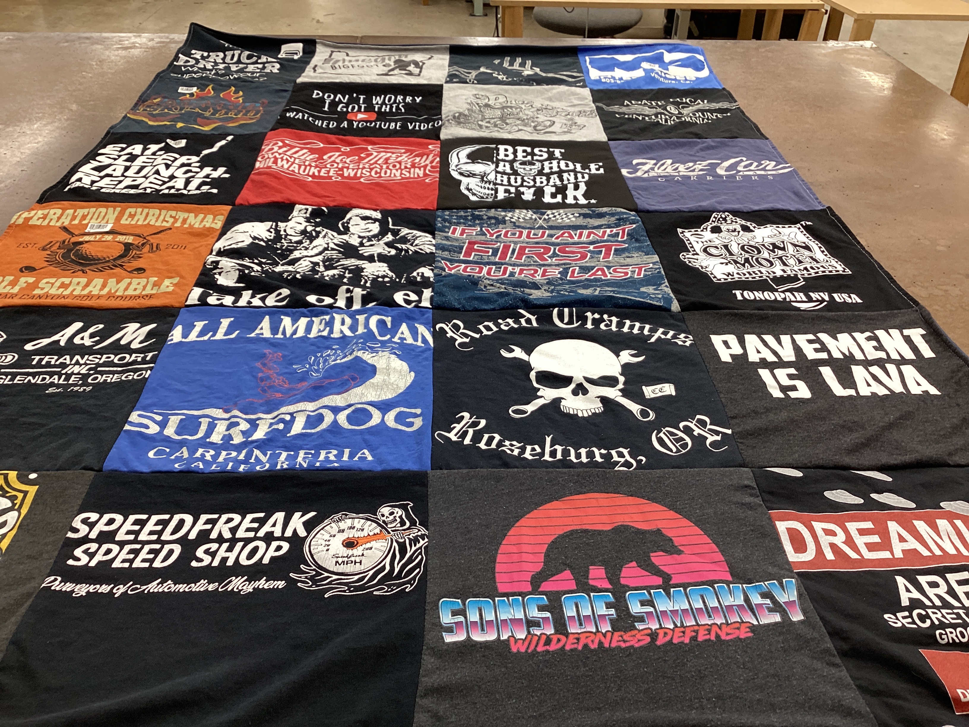 T-shirt quilt with automotive, wilderness themes by Barry from OR