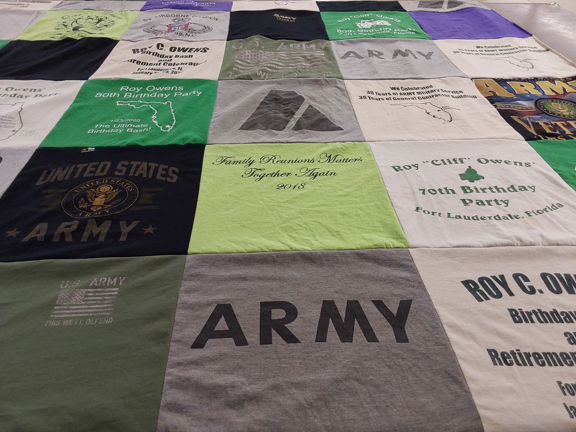 T-shirt quilt with military, family gatherings themes by Valerie from SC