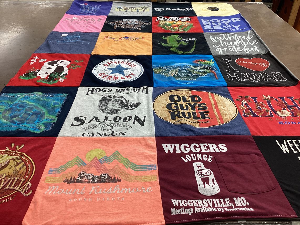 T-shirt quilt with travel, beaches themes by Michelle from CA
