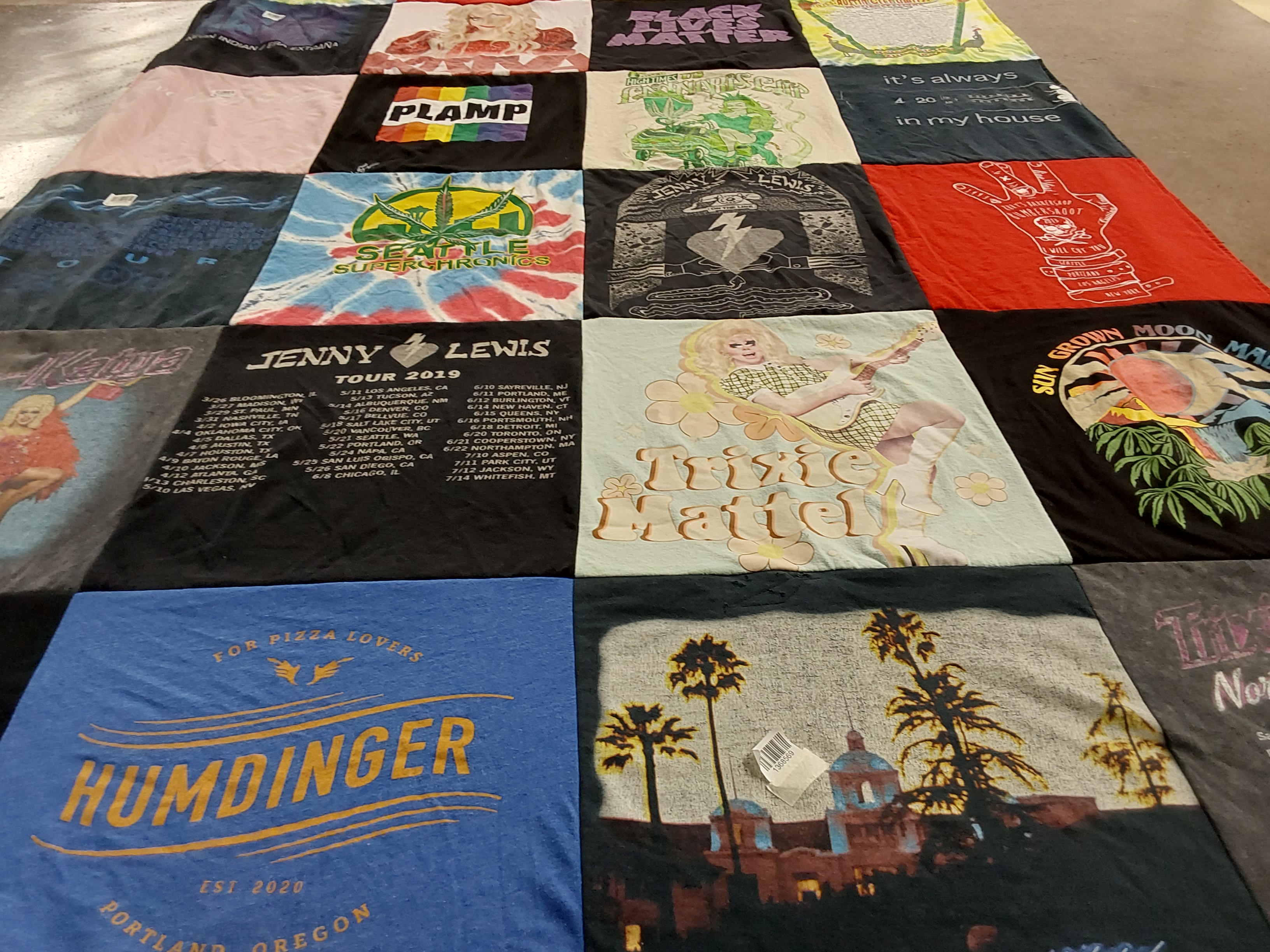 T-shirt quilt with music, comedy themes by Nicole from OR