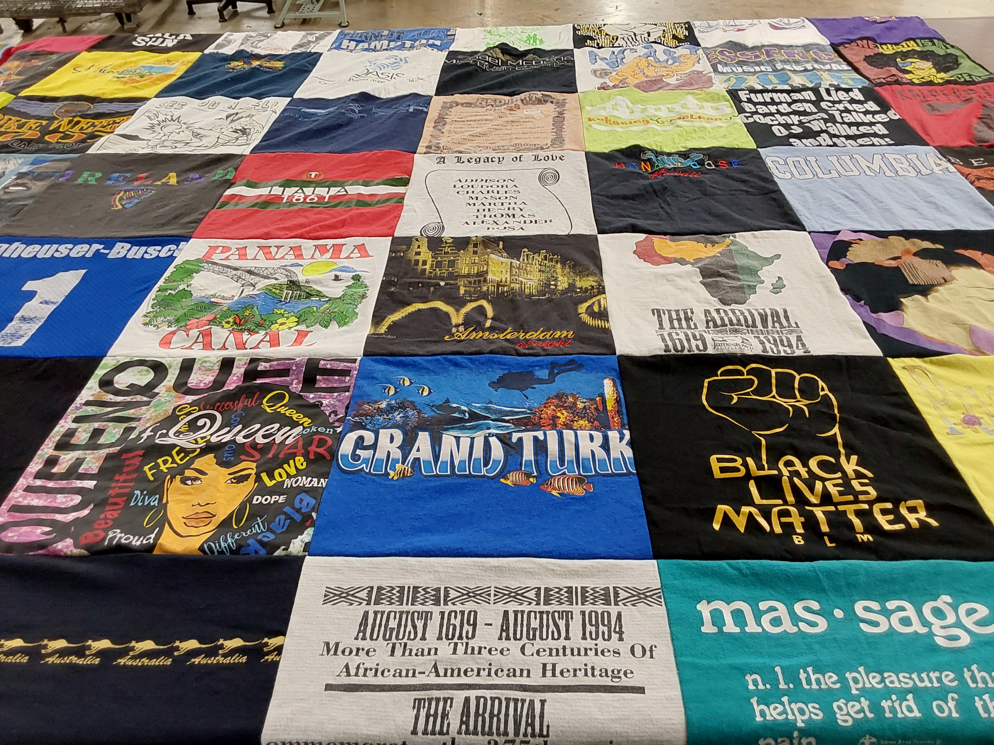 T-shirt quilt with travel, heritage themes by Felecia from VA