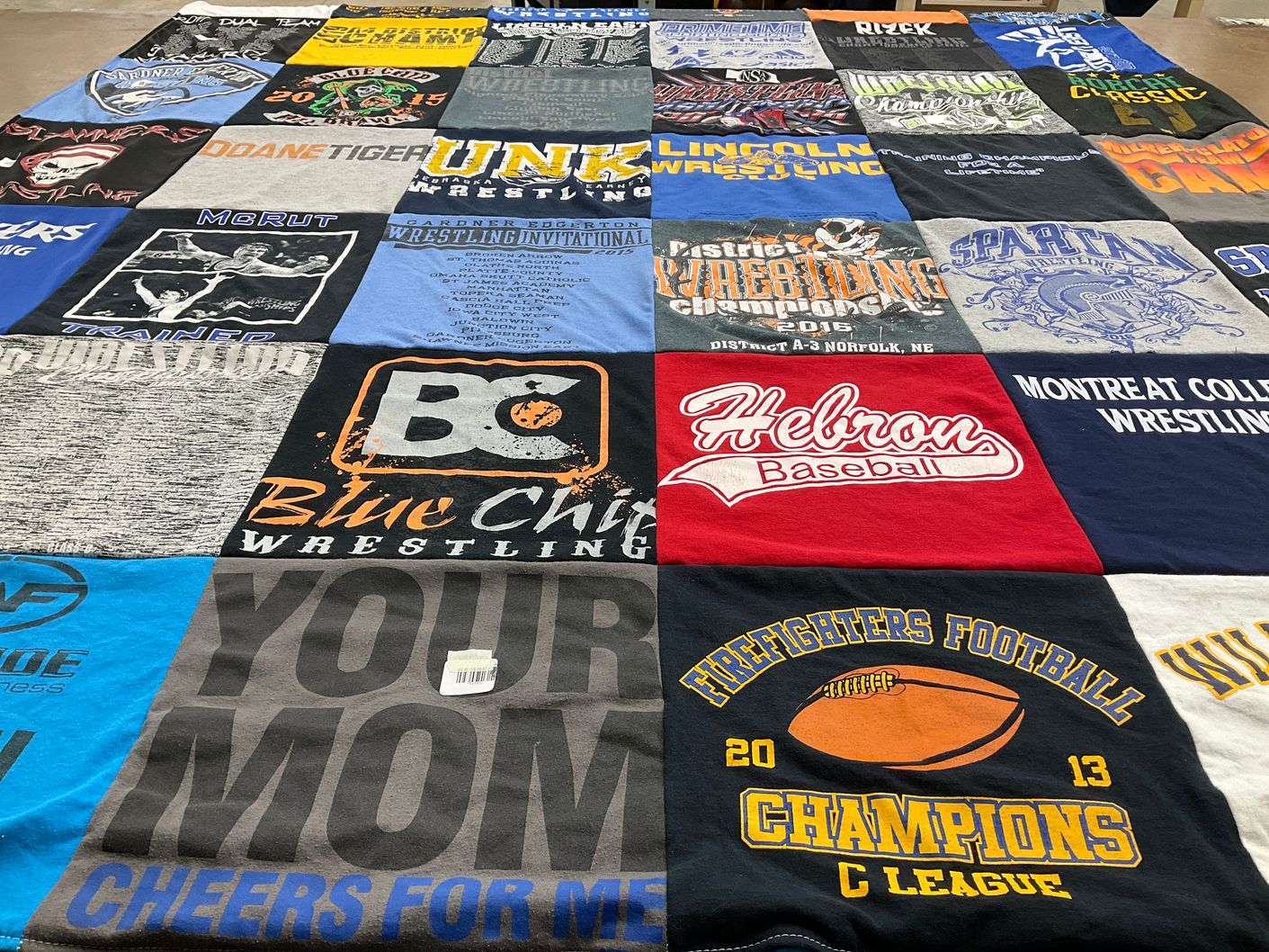 T-shirt quilt featuring doane university tigers, blue chip wrestling by Trisha from NE