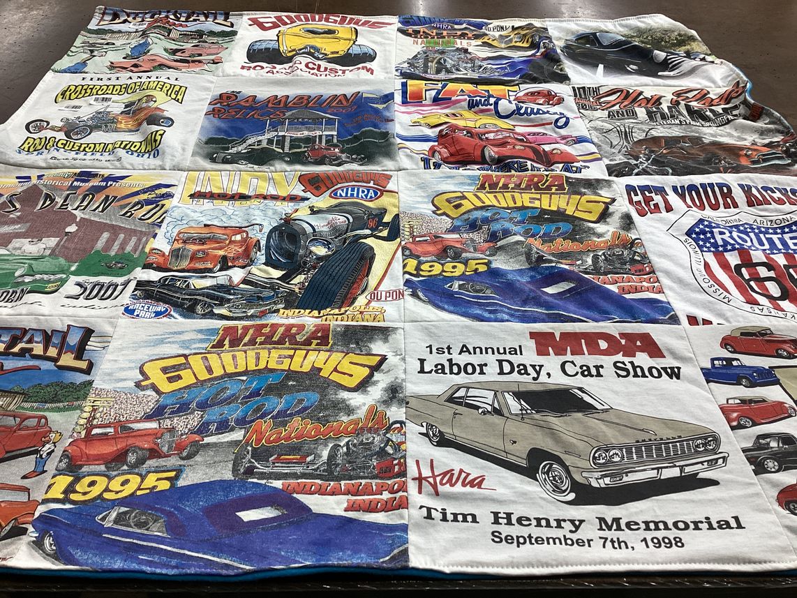 T-shirt quilt with cars, car shows themes by Dianna from OH