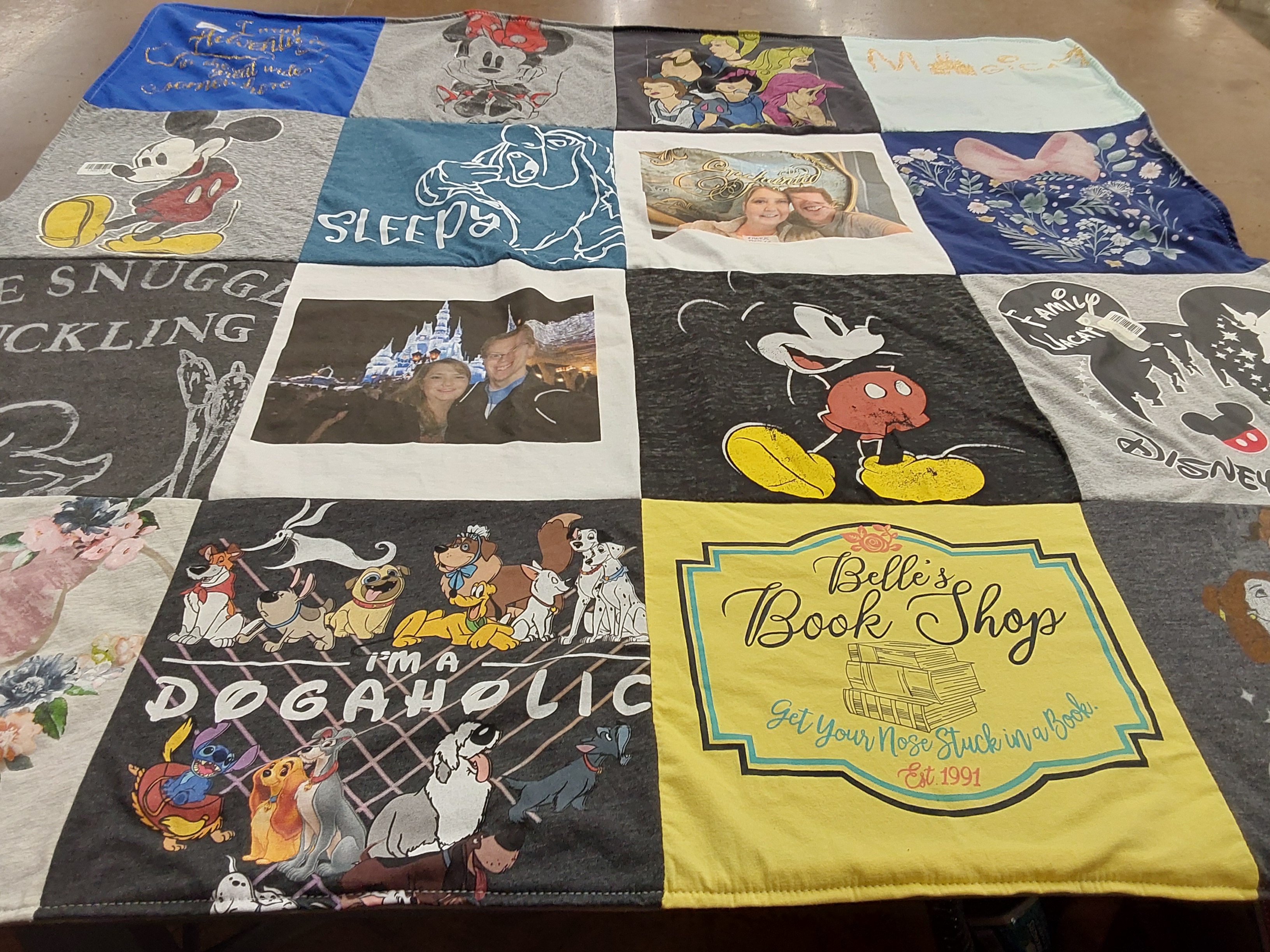 T-shirt quilt with disney, reading themes by Kristi from IN