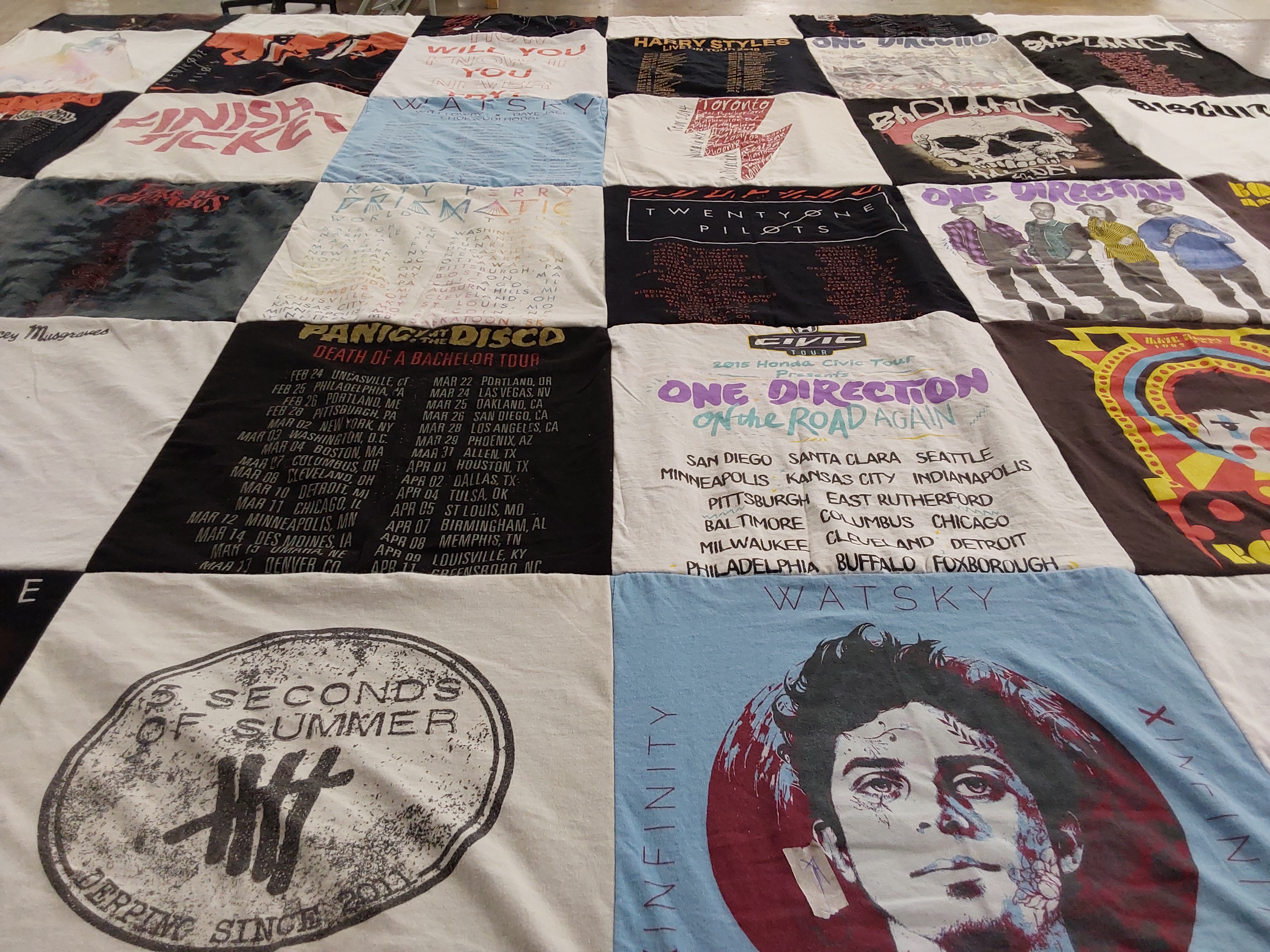 T-shirt quilt with music, concerts themes by Megan from FL
