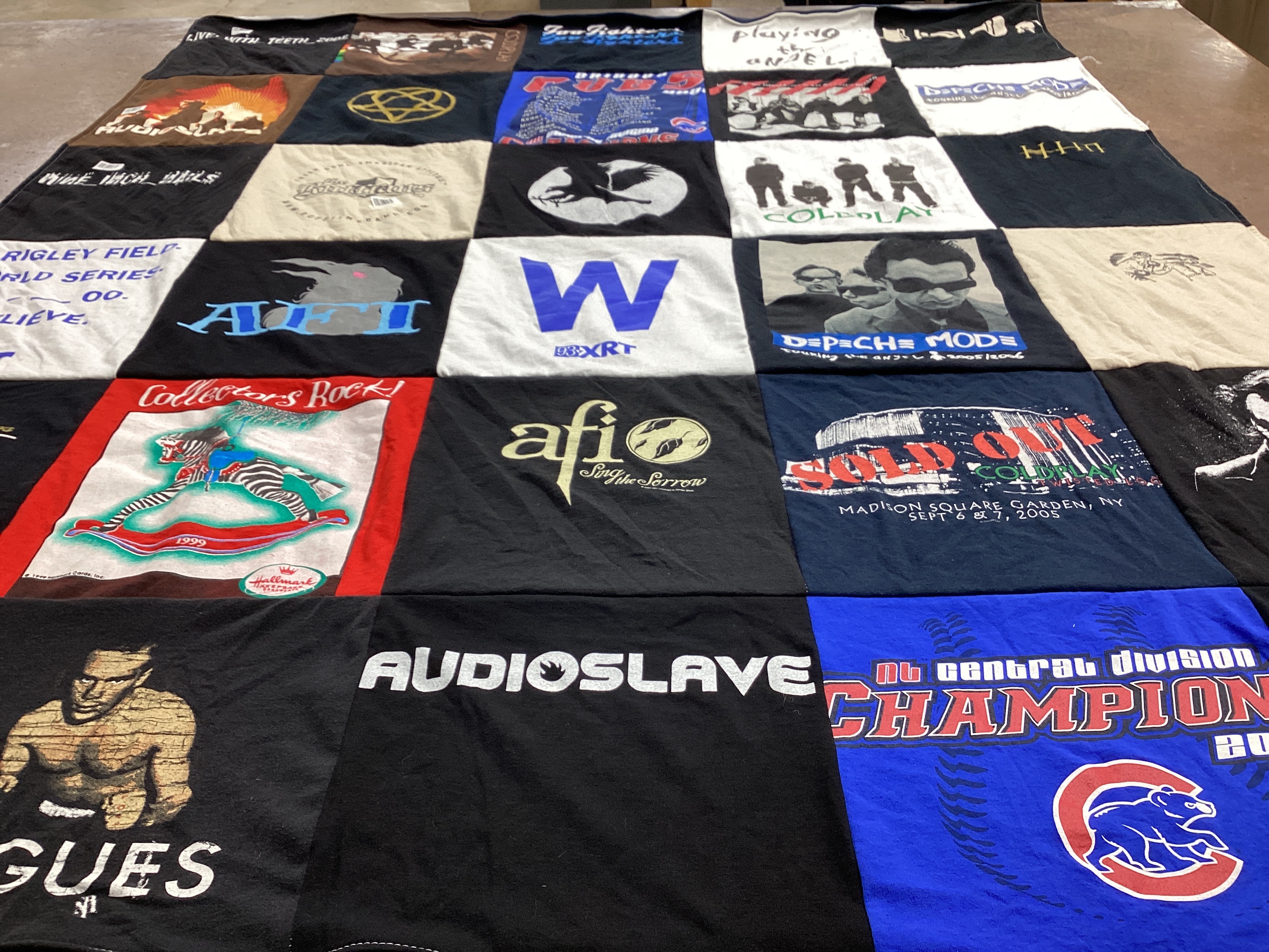 T-shirt quilt with music, concerts themes by Catherine from IL