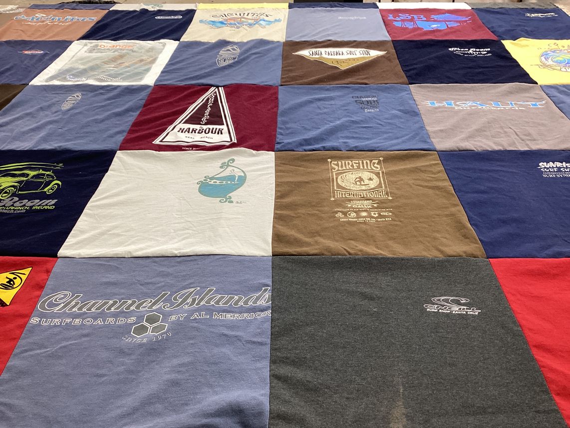 T-shirt quilt with surfing, beaches themes by Catherine from CA