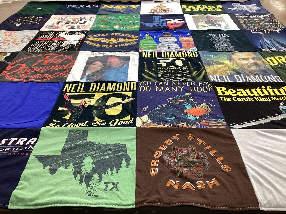 T-shirt quilt with music, aviation themes by Monica from TX