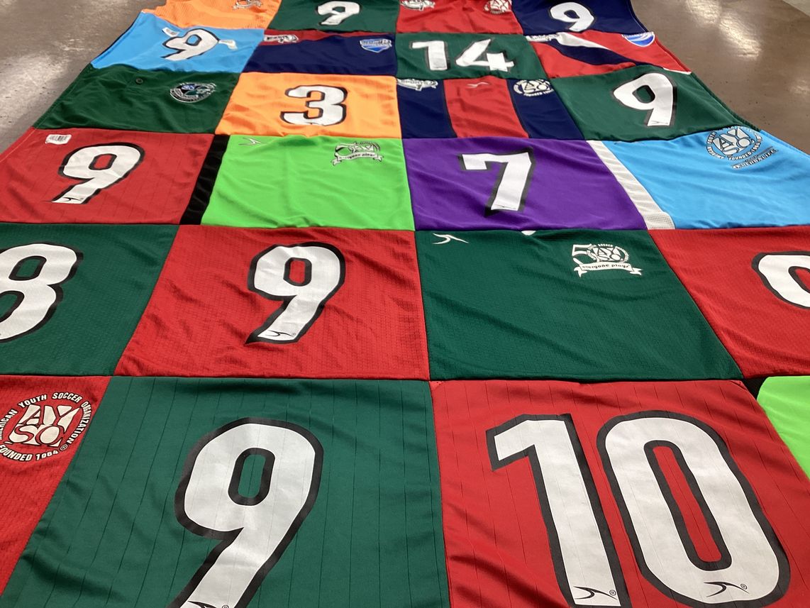 T-shirt quilt with soccer, youth sports themes by Michael from CA