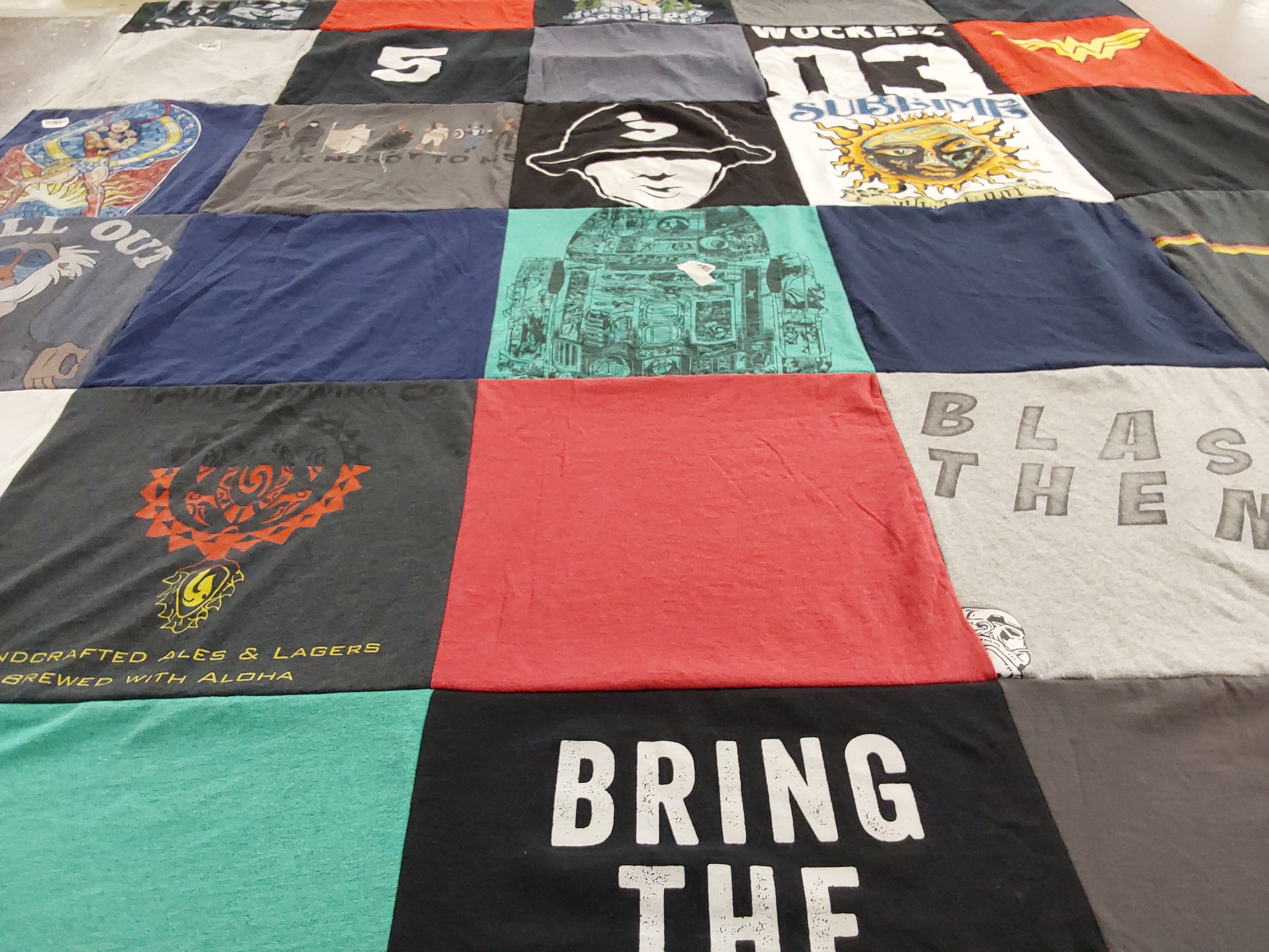 T-shirt quilt with music, craft beer themes by Candice from CA