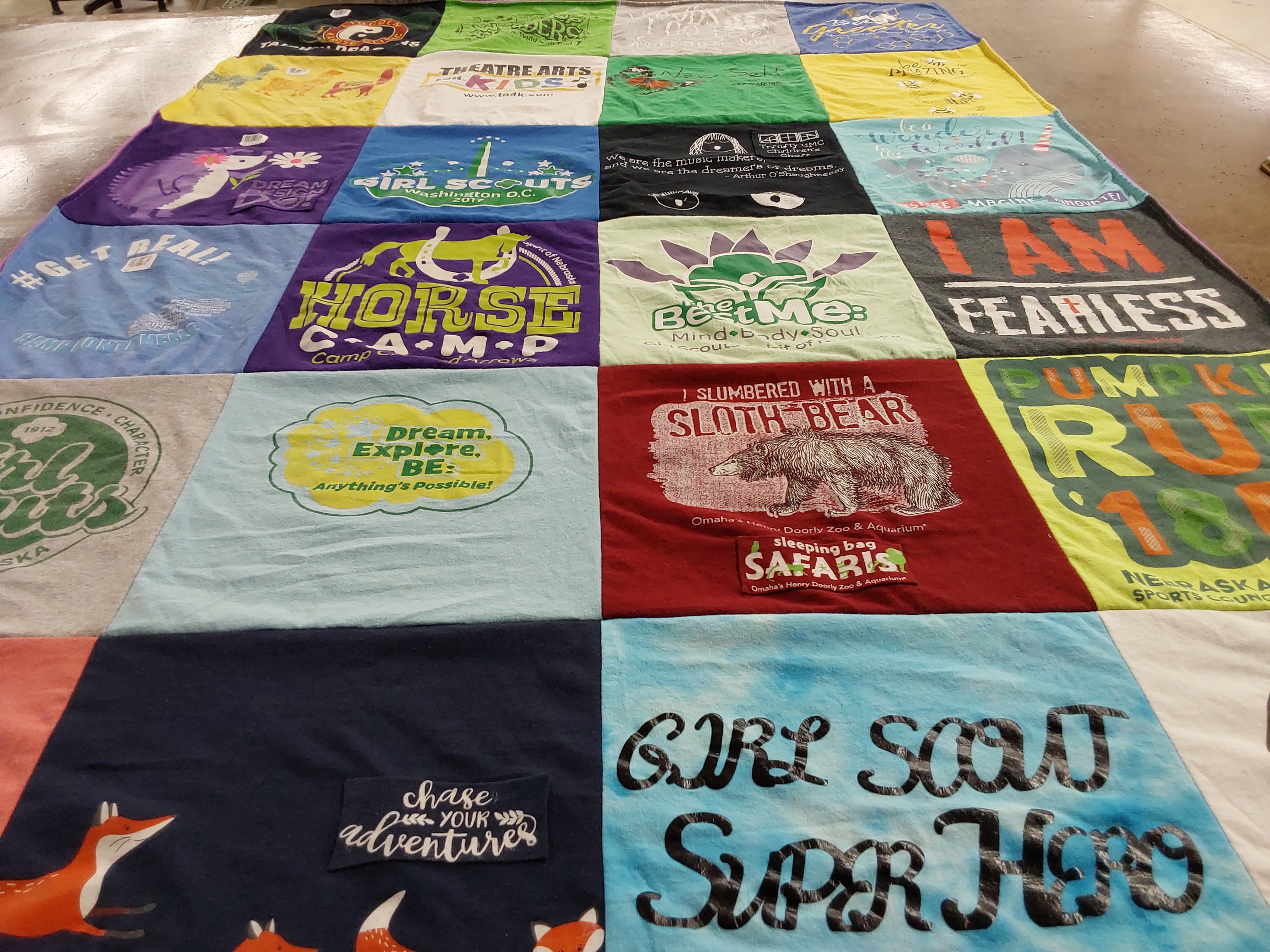 T-shirt quilt with theatre arts, scouting themes by Nicki from NE