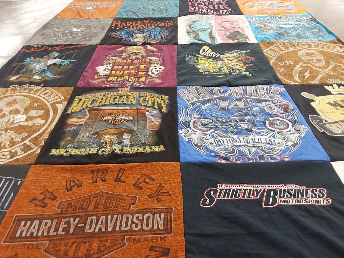 T-shirt quilt with motorcycles, biking themes by louisa from NY