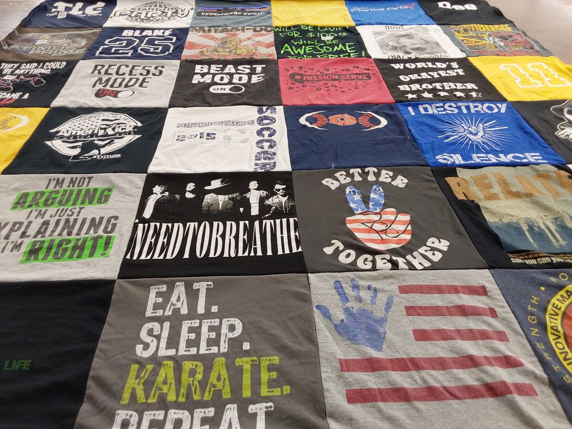 T-shirt quilt with karate, music themes by Sherry from NC