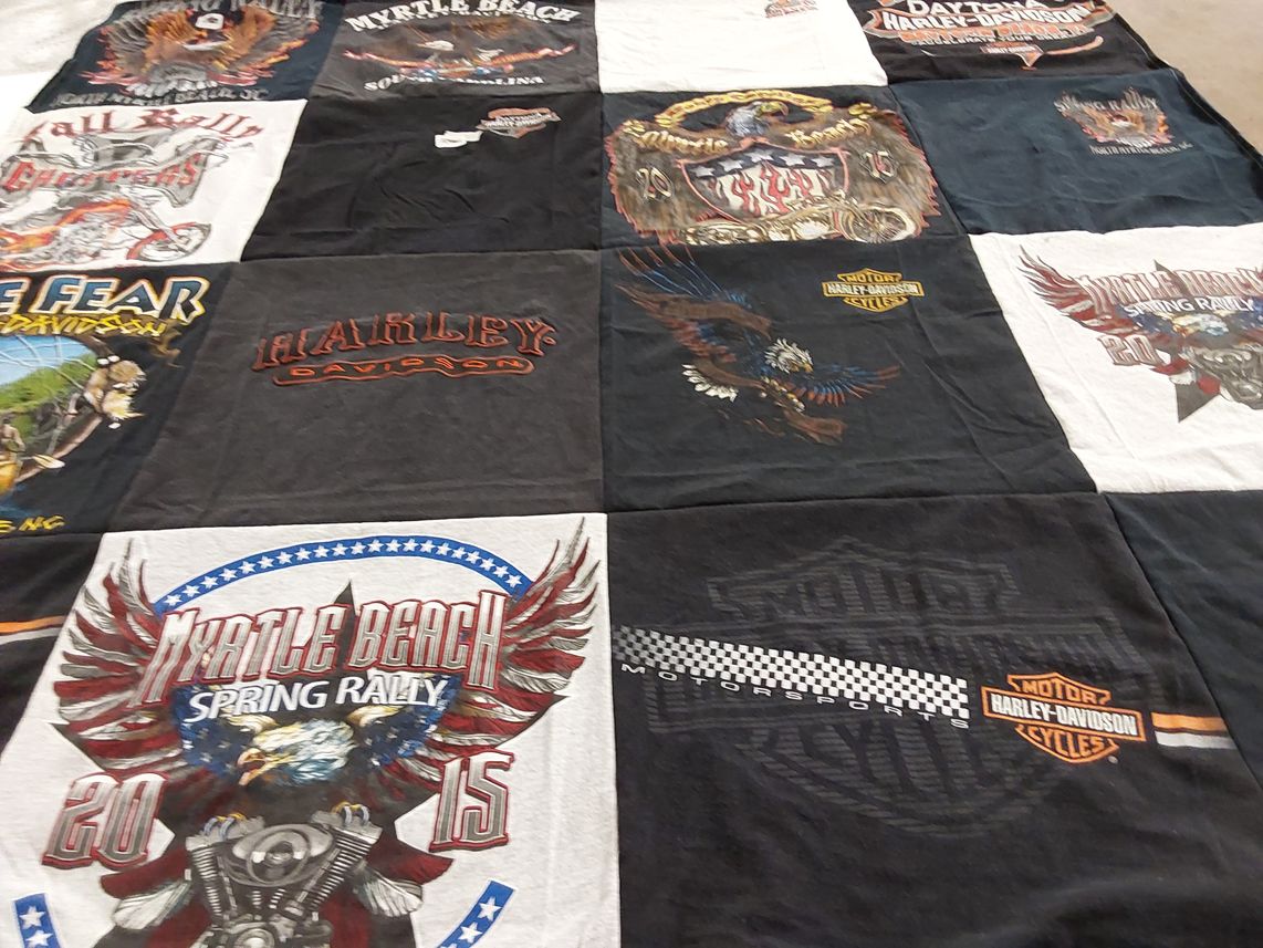 T-shirt quilt with motorcycles, biking themes by Tara from NC