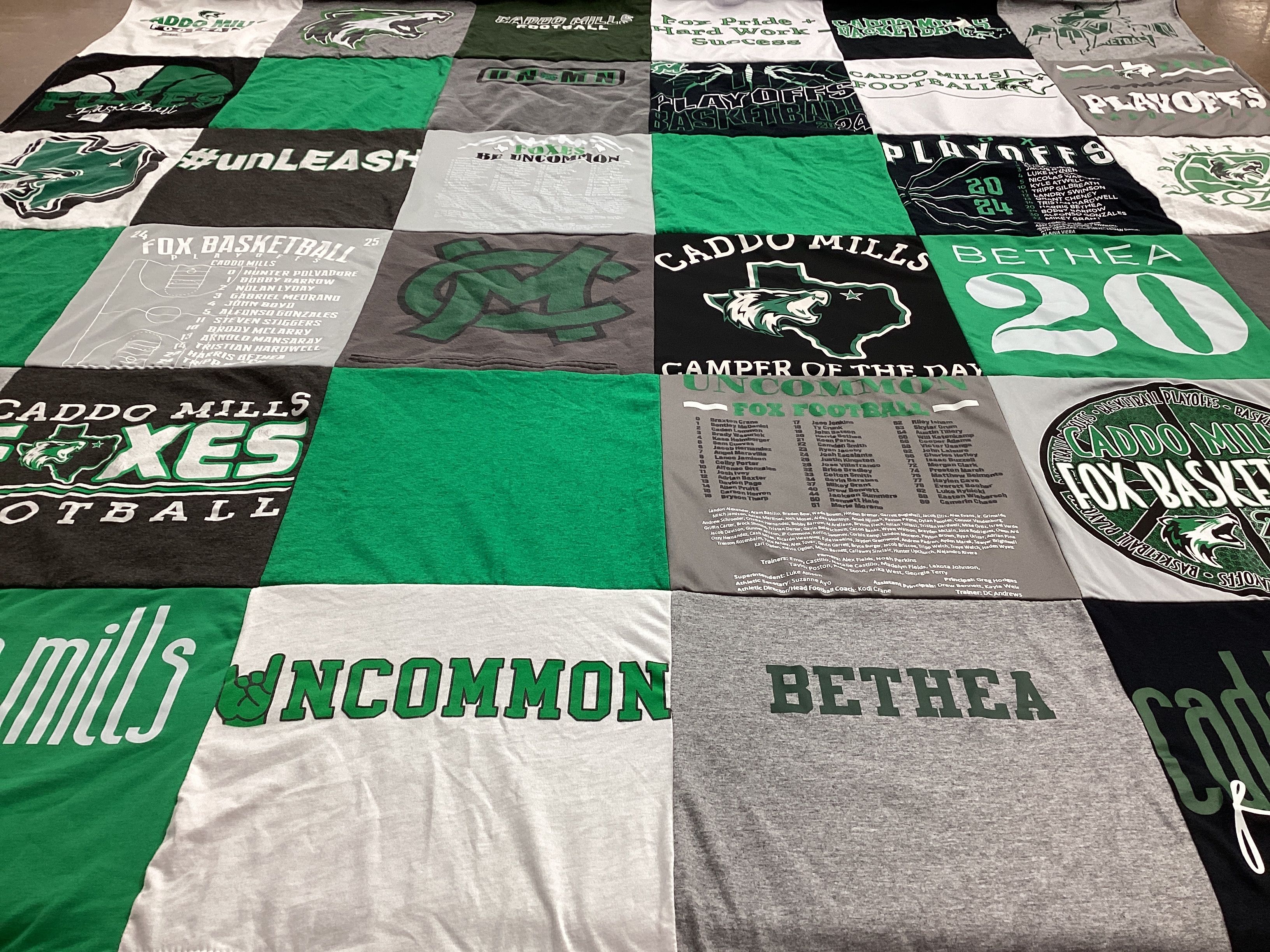 T-shirt quilt featuring caddo mills foxes football, caddo mills fox basketball by Holly from TX