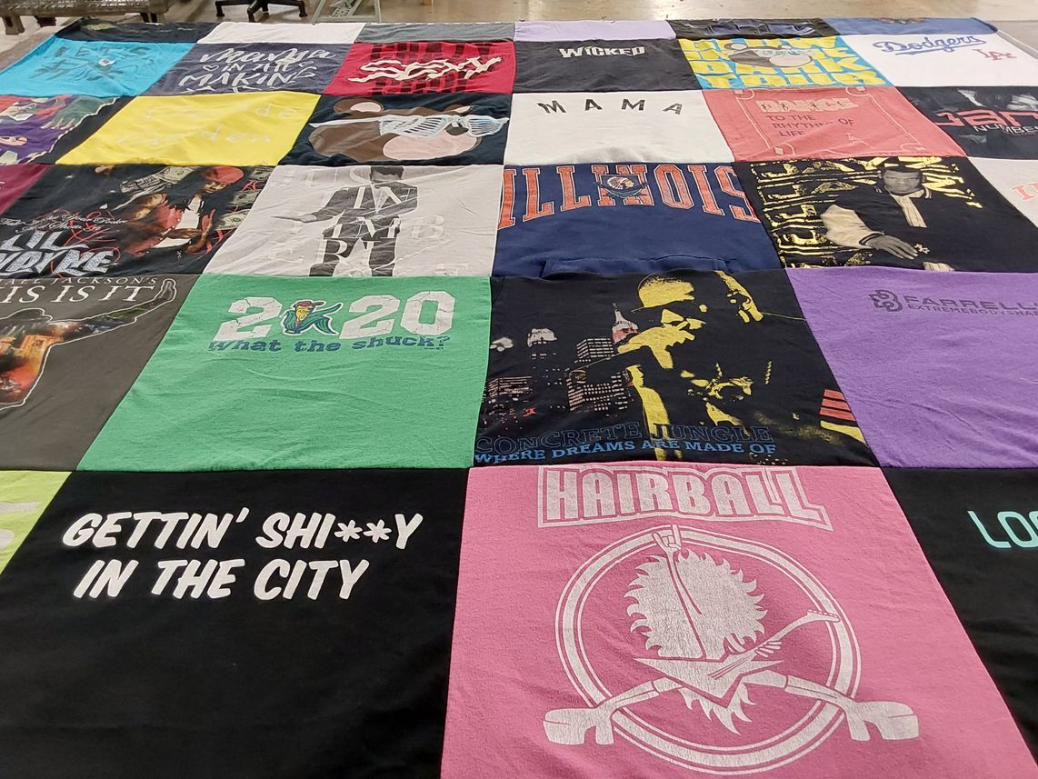 T-shirt quilt with music, sports themes by Denise from IA