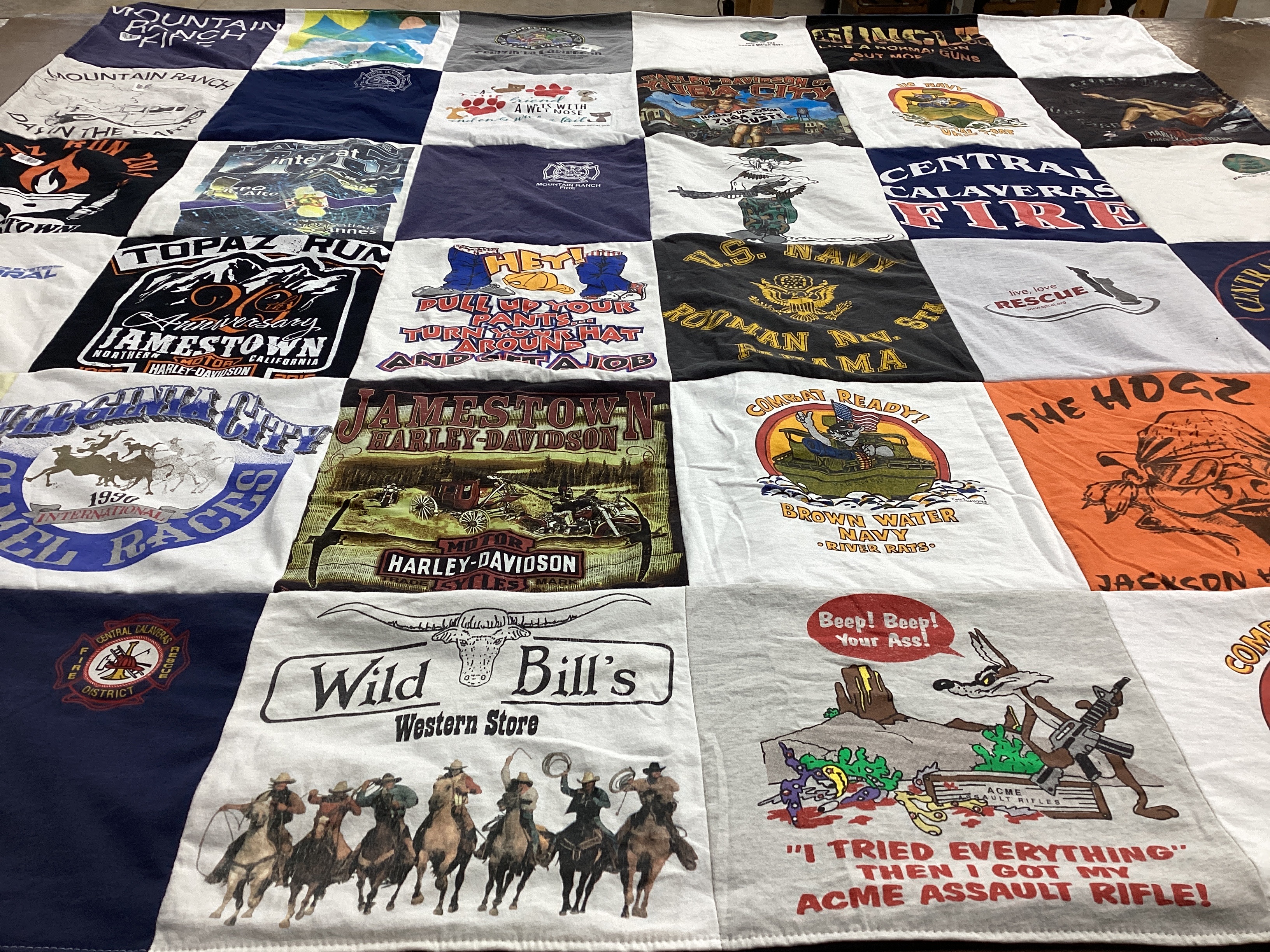 T-shirt quilt with motorcycles, firefighting themes by Debbra from CA