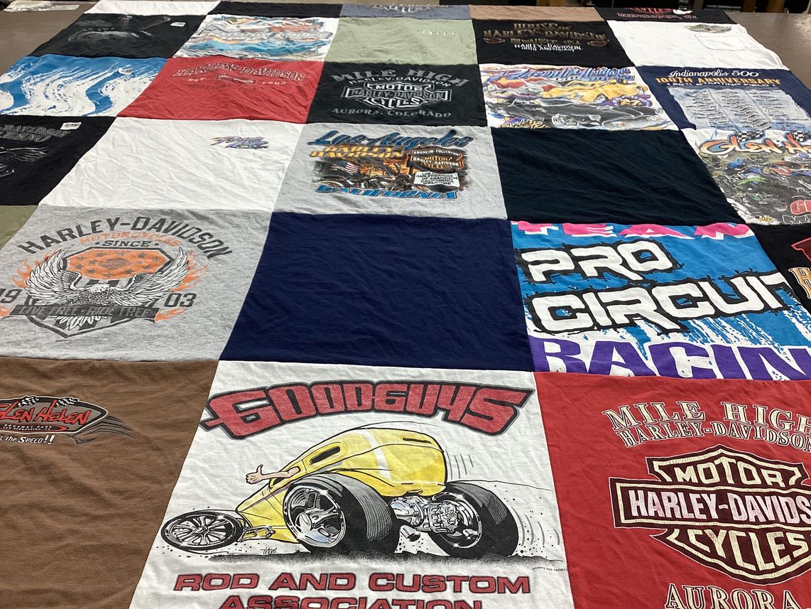 T-shirt quilt with motorcycles, racing themes by Karen A from CA