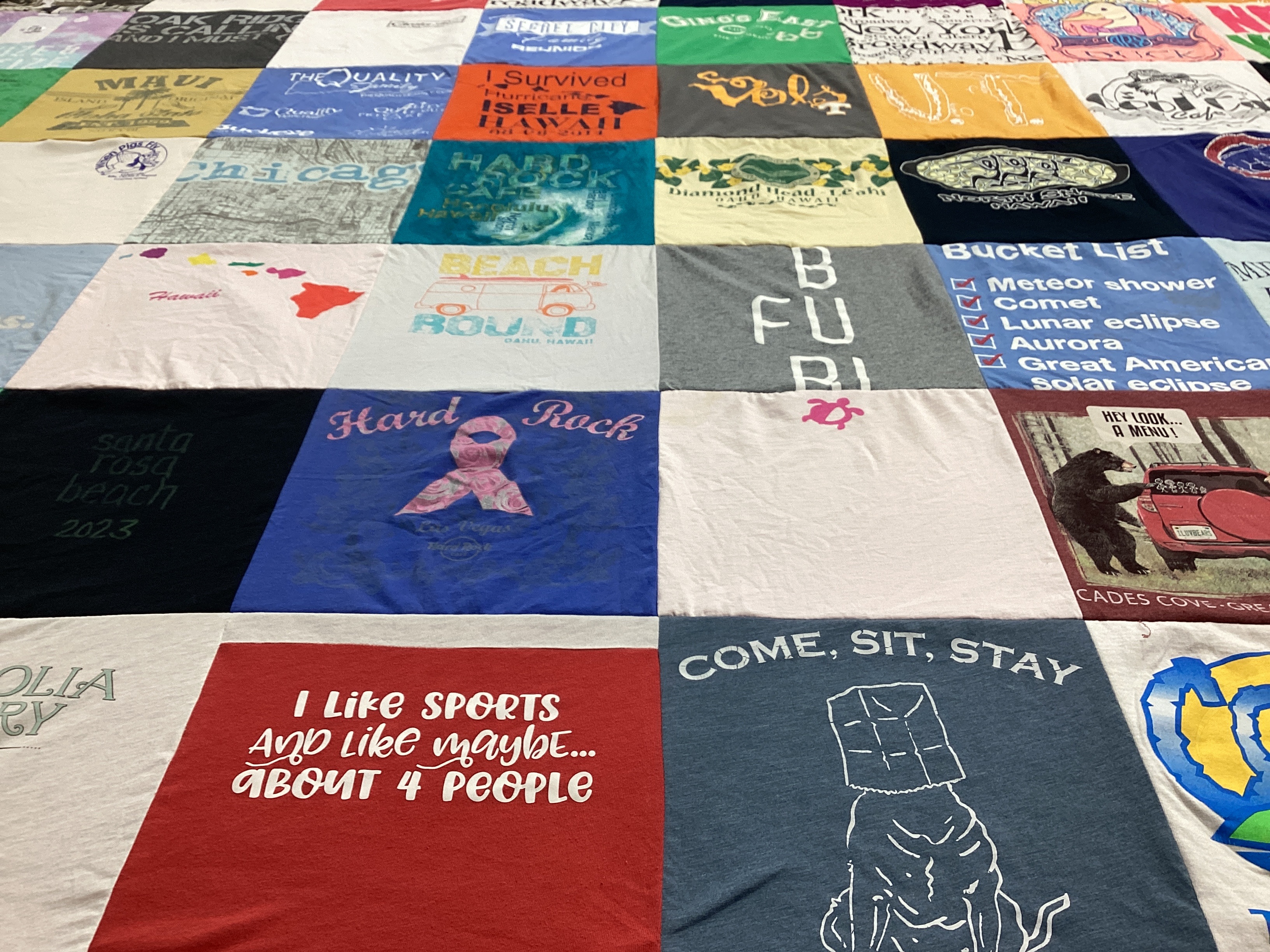 T-shirt quilt with travel, beach themes by wanda from TN