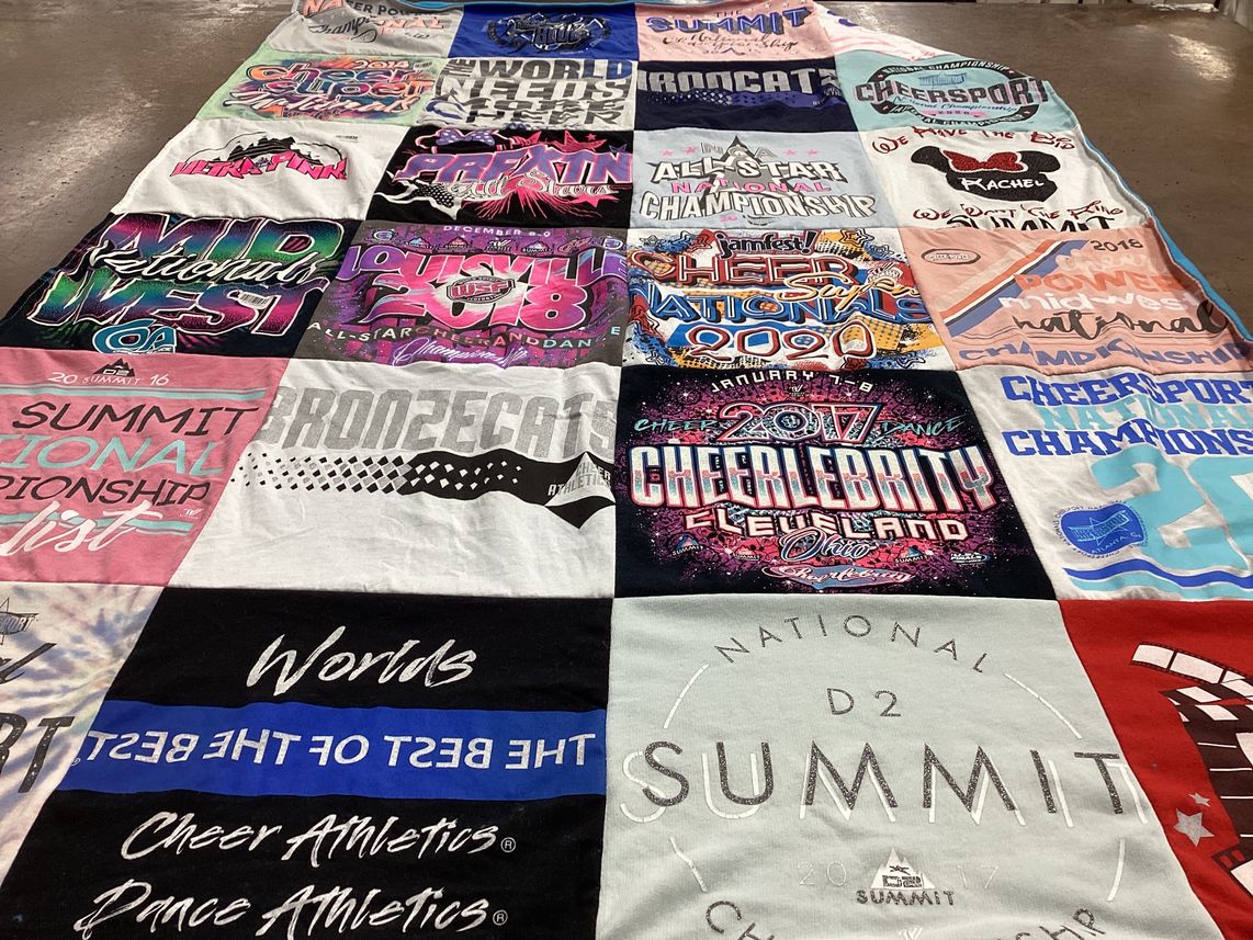 T-shirt quilt with cheerleading, dance themes by Erica from PA