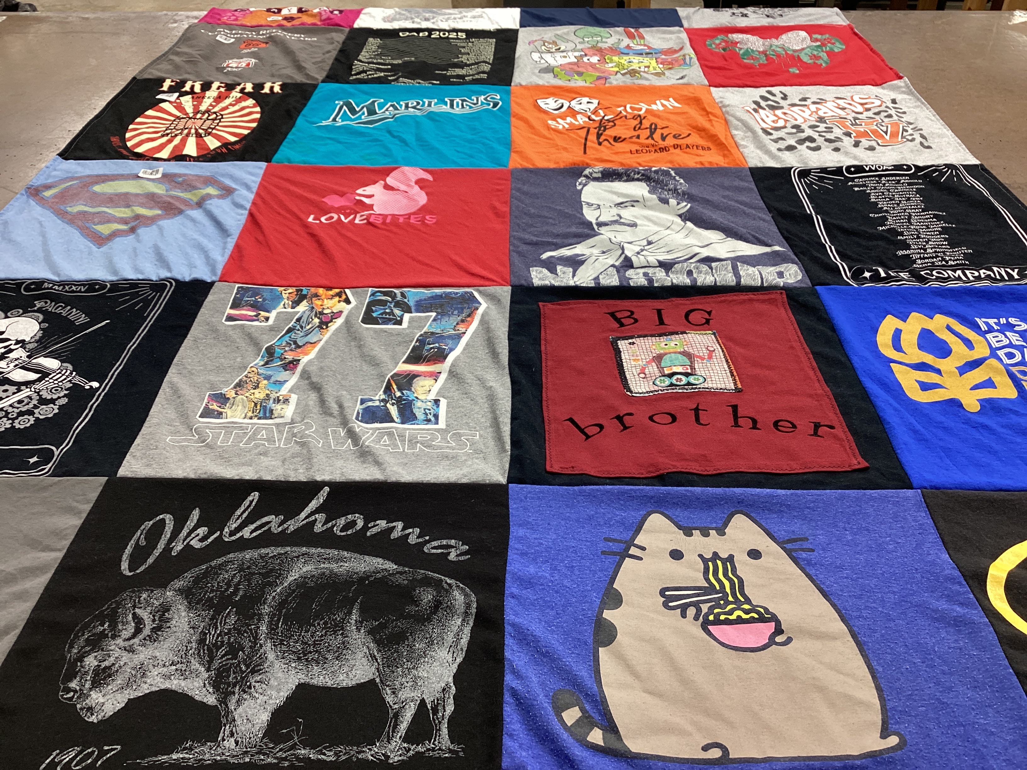 T-shirt quilt with superheroes, movies themes by Teresa from TX