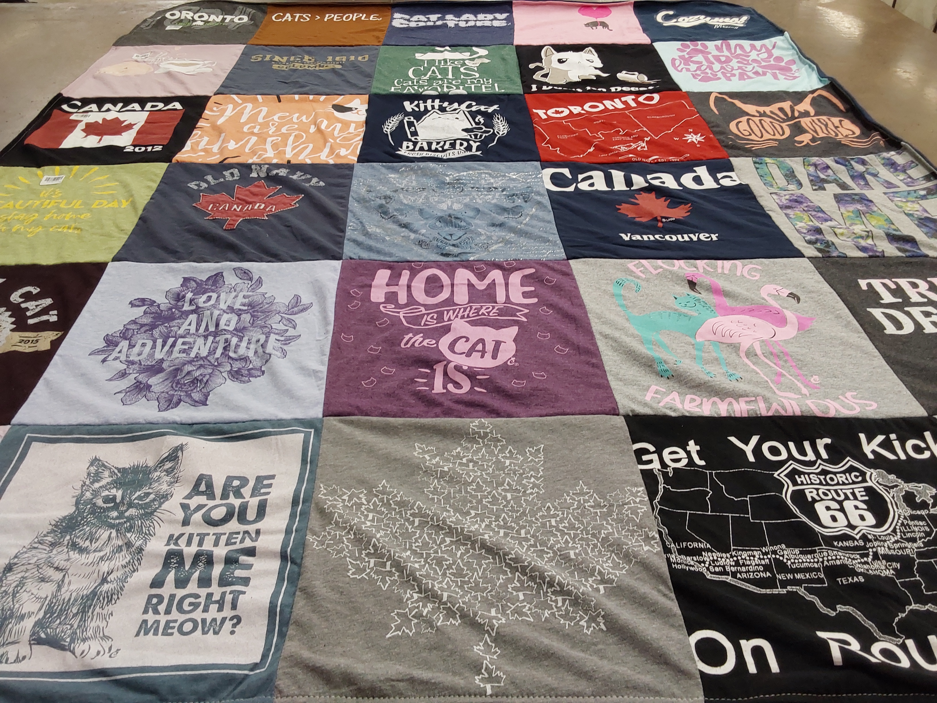 T-shirt quilt with cats, canada themes by Sarah from FL