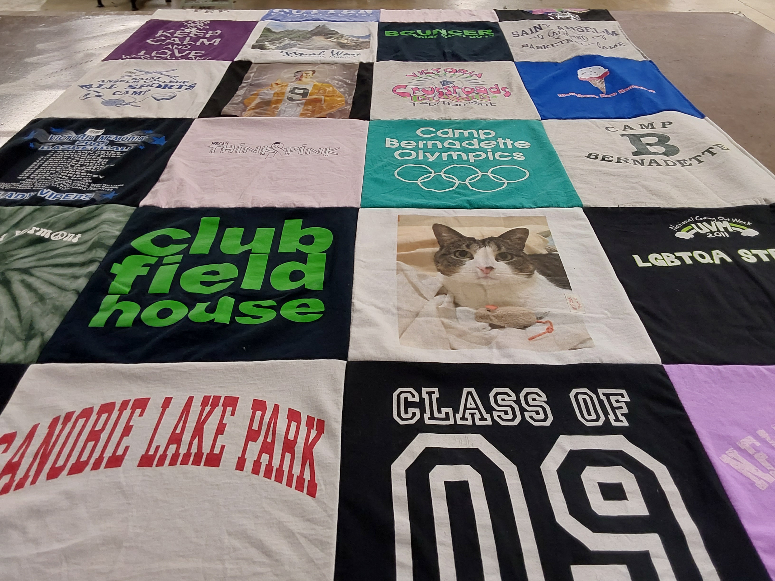T-shirt quilt with sports, camping themes by Carla from NH