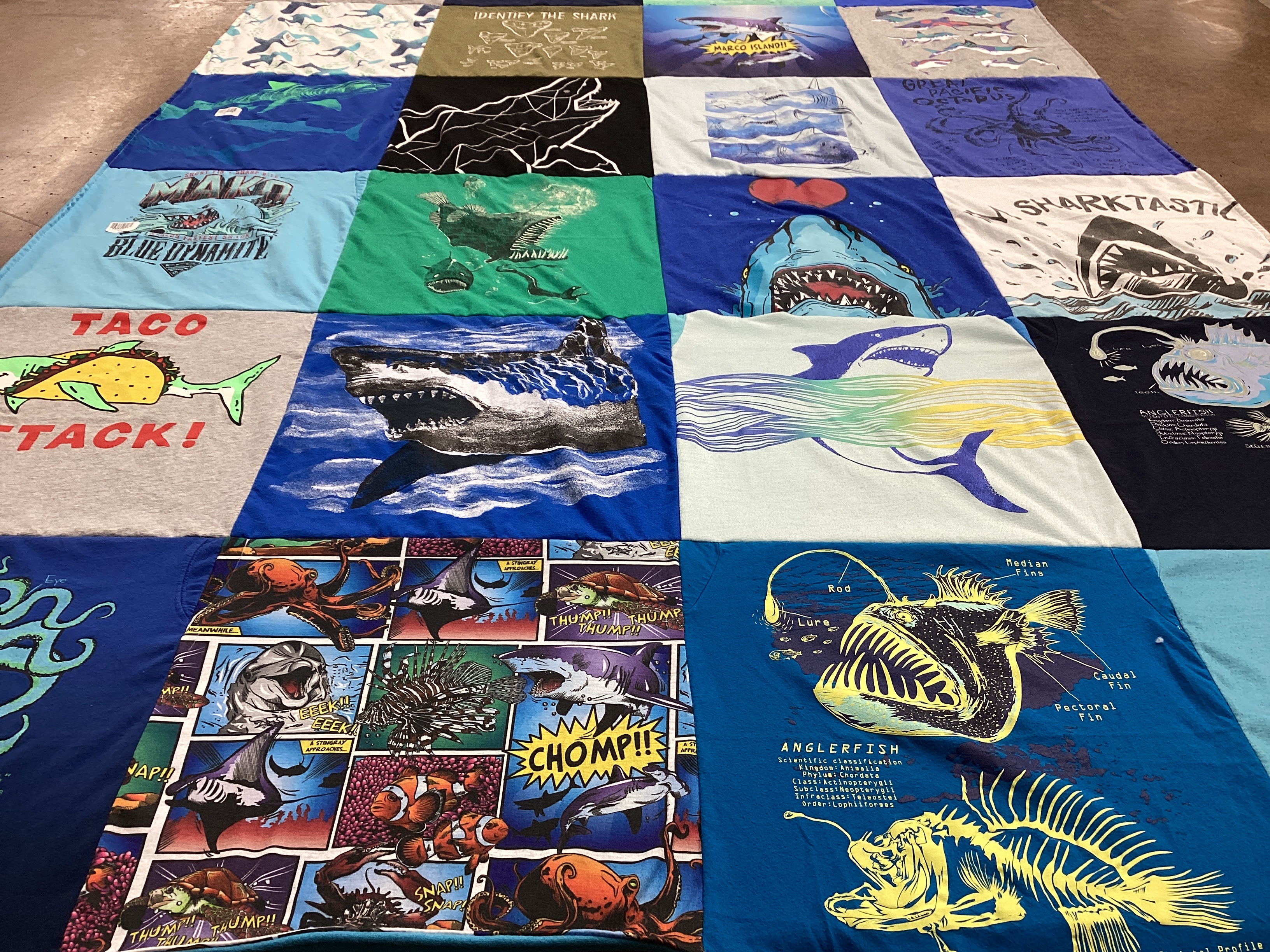 T-shirt quilt with marine life, sharks themes by Melissa from IA