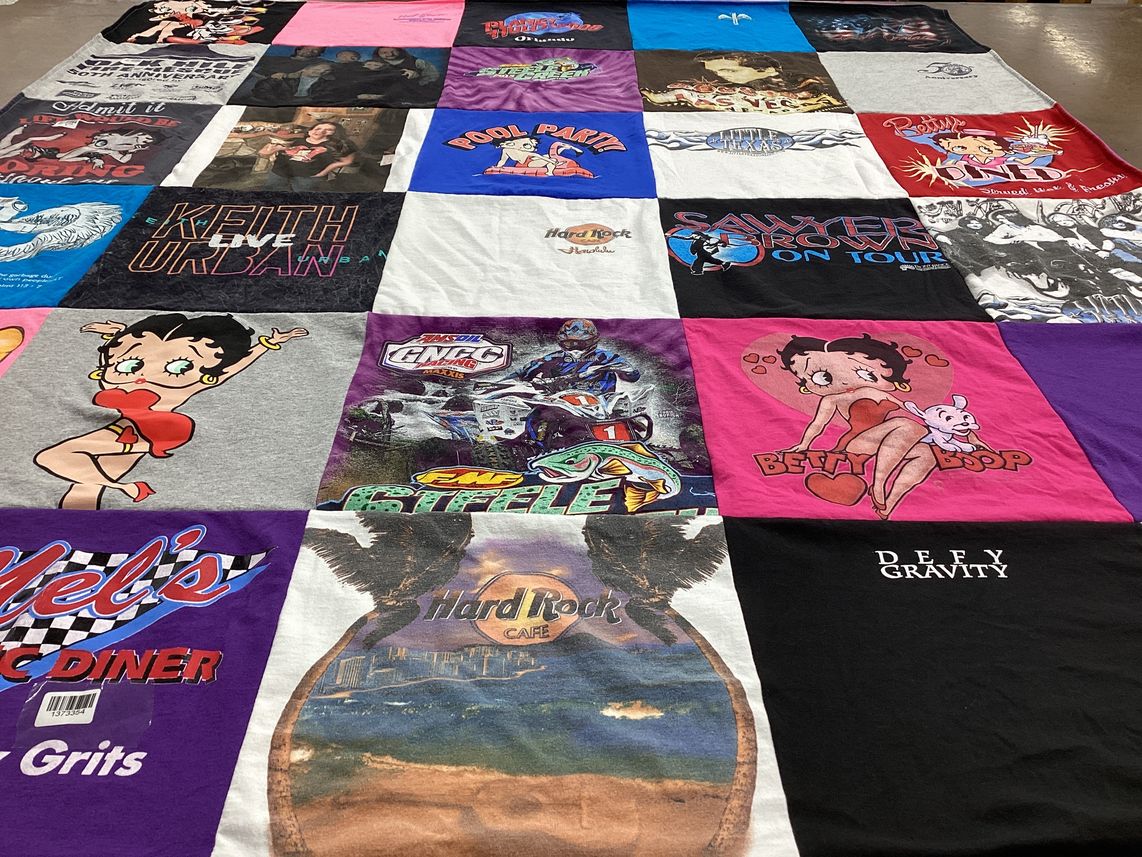 T-shirt quilt with music, dining themes by Tracy from NC