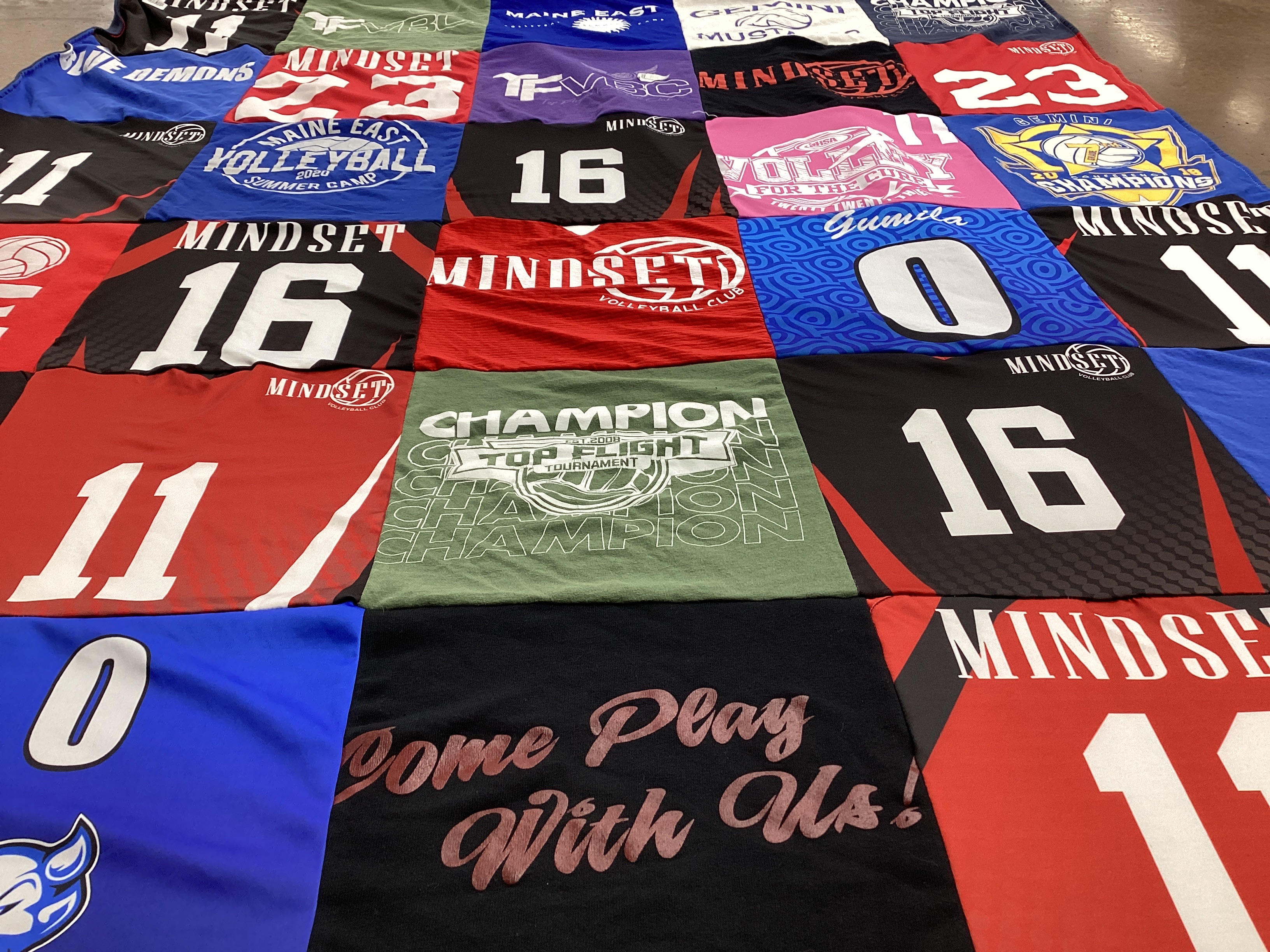 T-shirt quilt with sports, volleyball themes by Jin from IL