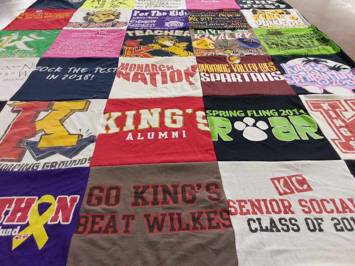 T-shirt quilt featuring king's college spartan, wyoming valley west spartan by Melanie from DE
