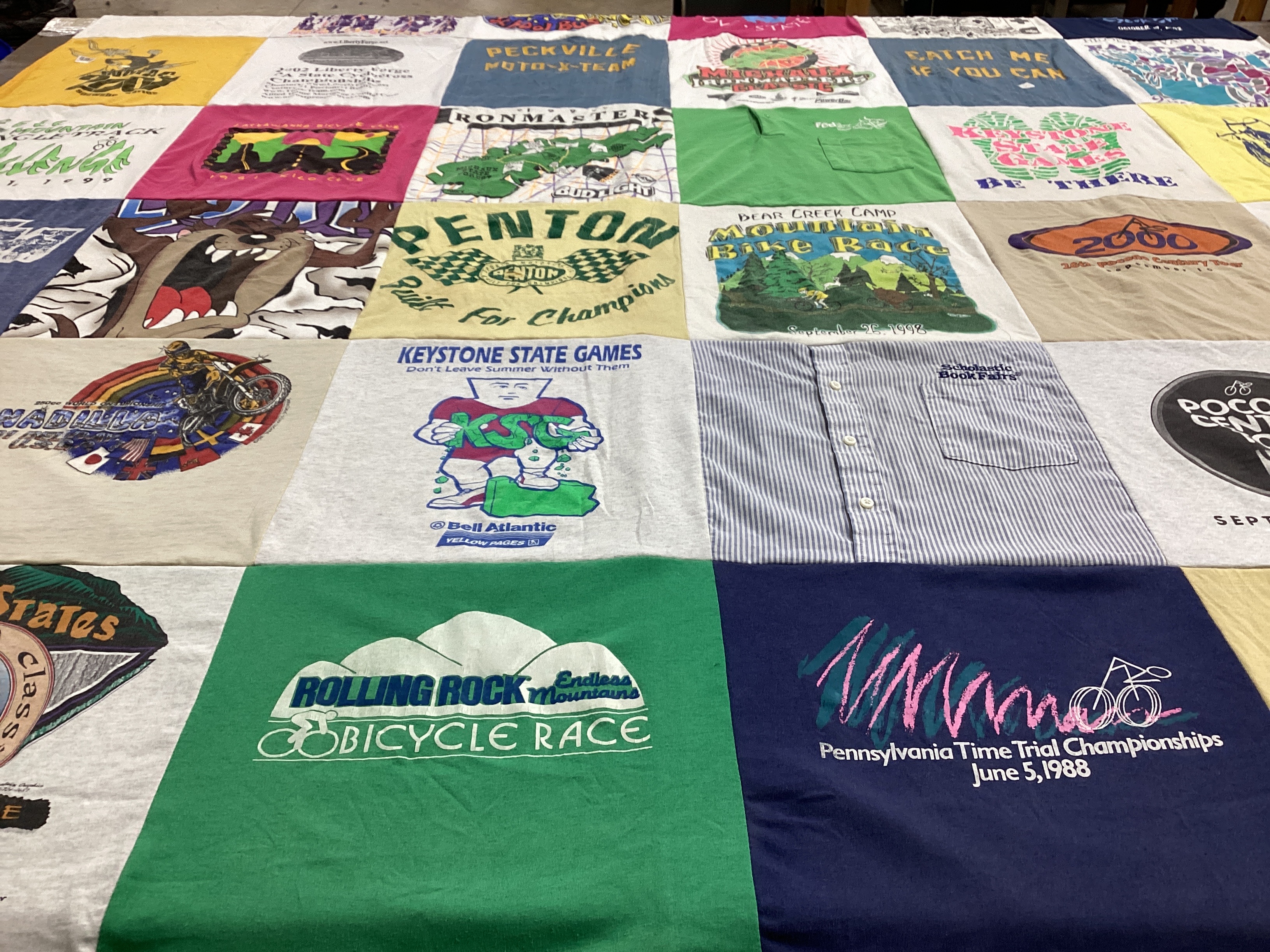 T-shirt quilt with cycling, outdoor activities themes by Maryann from PA