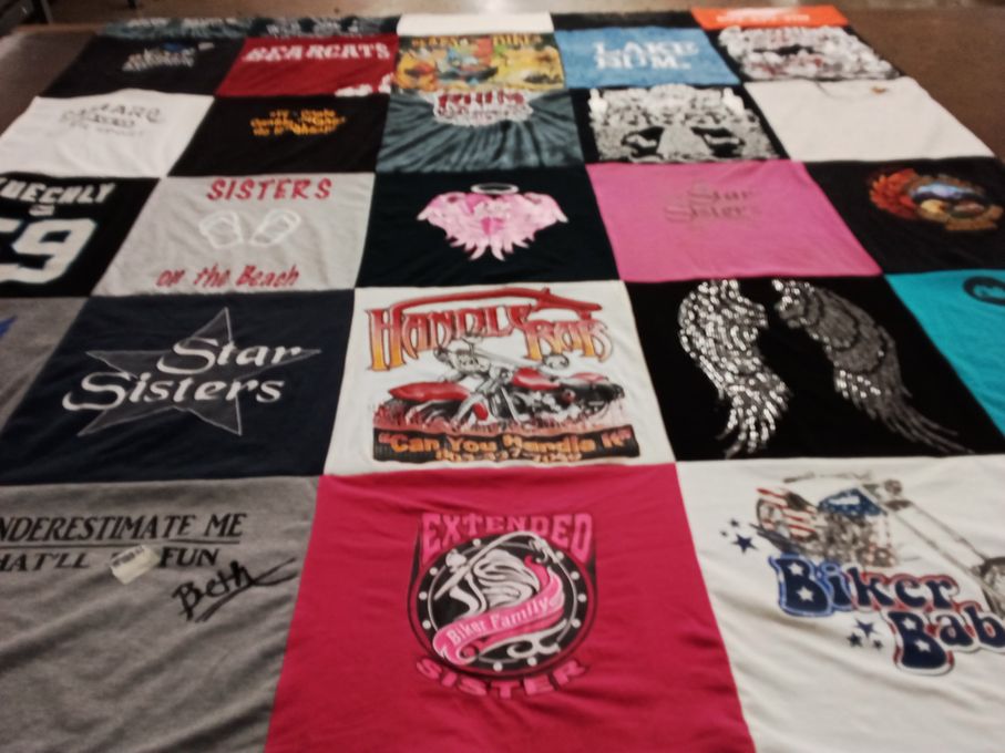 T-shirt quilt with motorcycles, sisterhood themes by Jules from SC