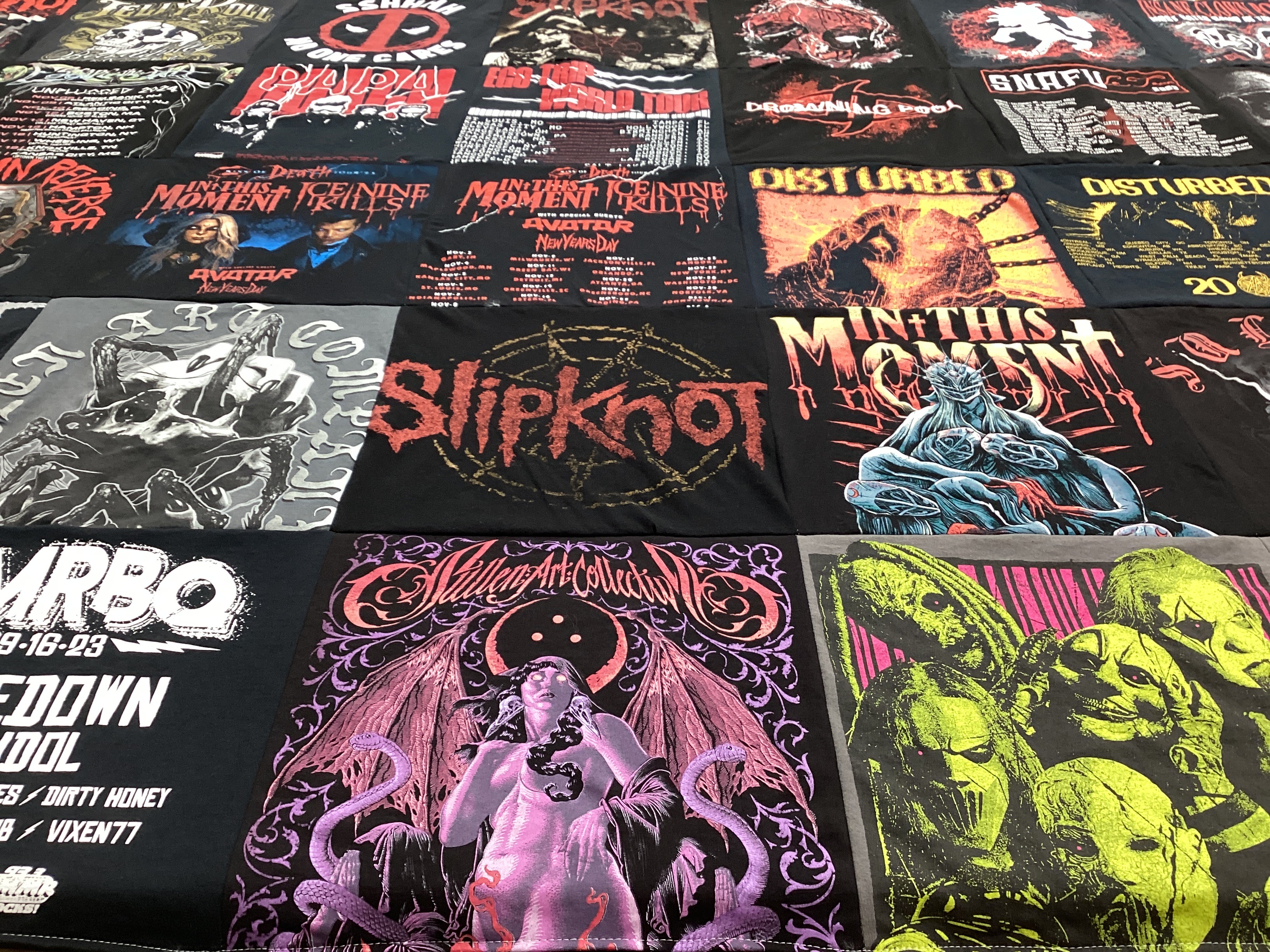 T-shirt quilt with music, heavy metal themes by Derek from DE