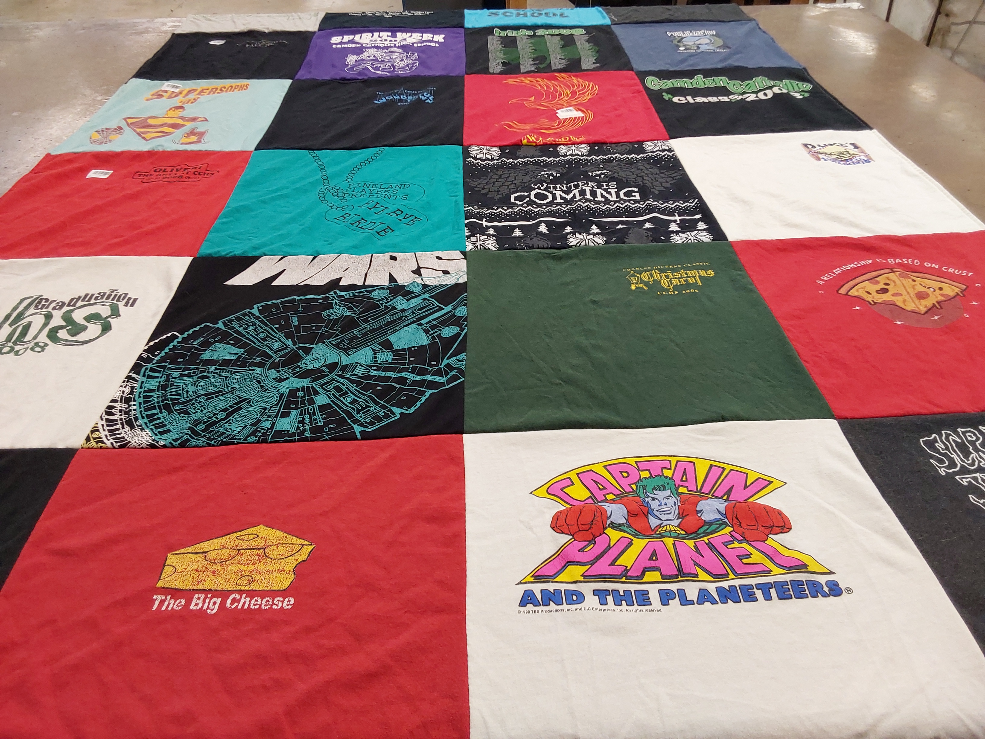 T-shirt quilt with superheroes, science fiction themes by Maureen from NJ