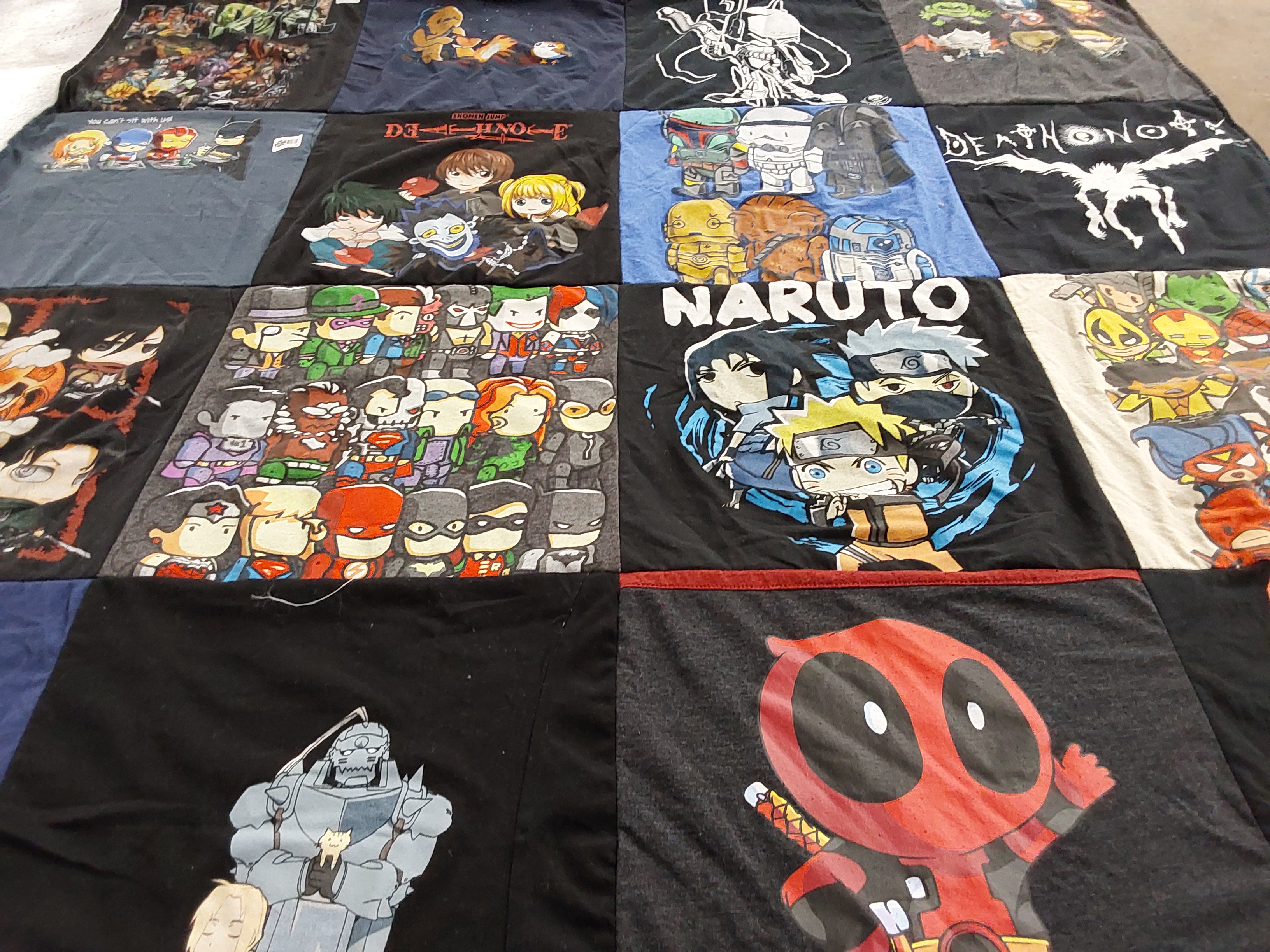 T-shirt quilt with anime, cartoons themes by Marilou from CA