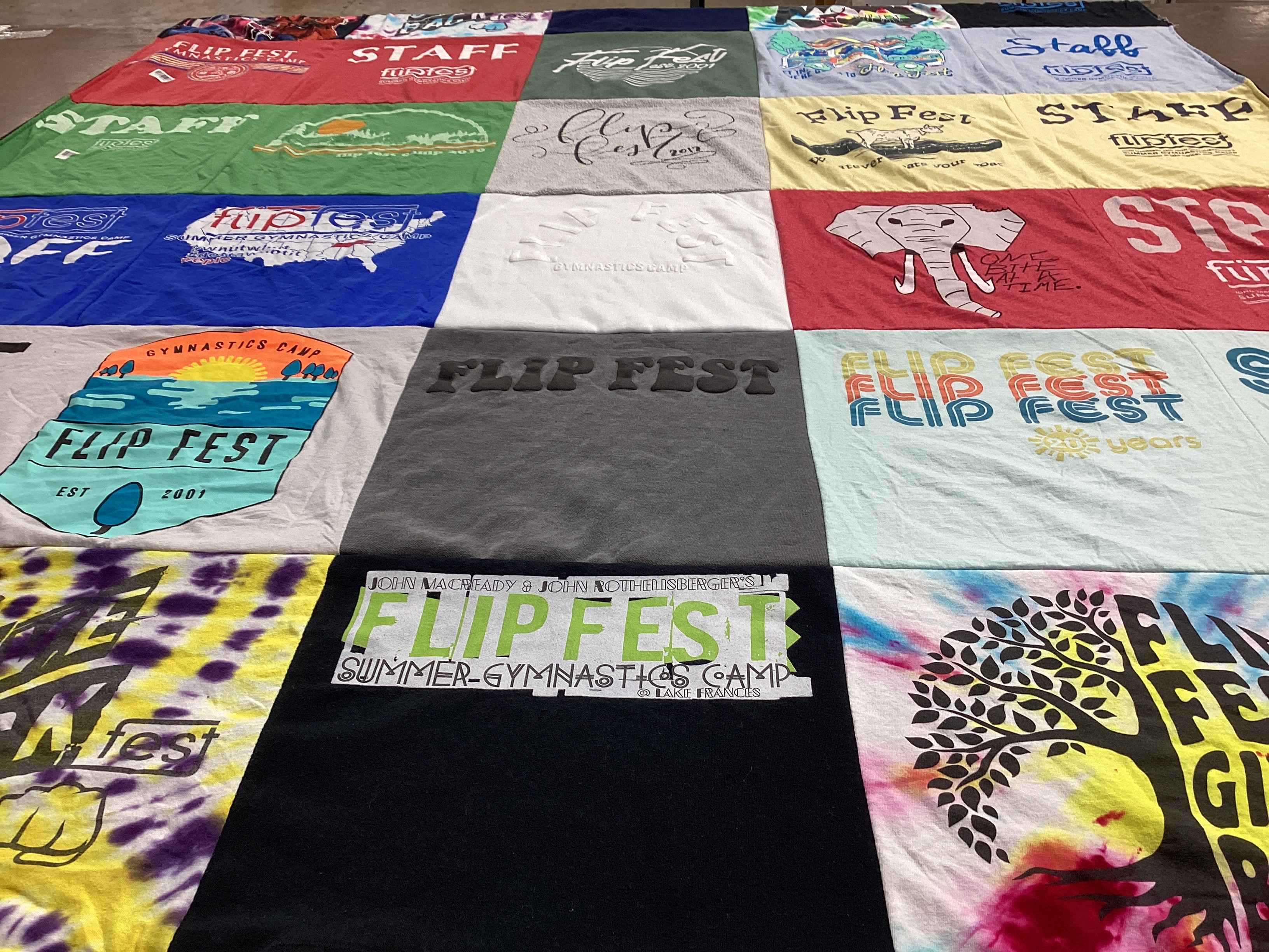 T-shirt quilt with gymnastics, summer camp themes by Elizabeth from LA