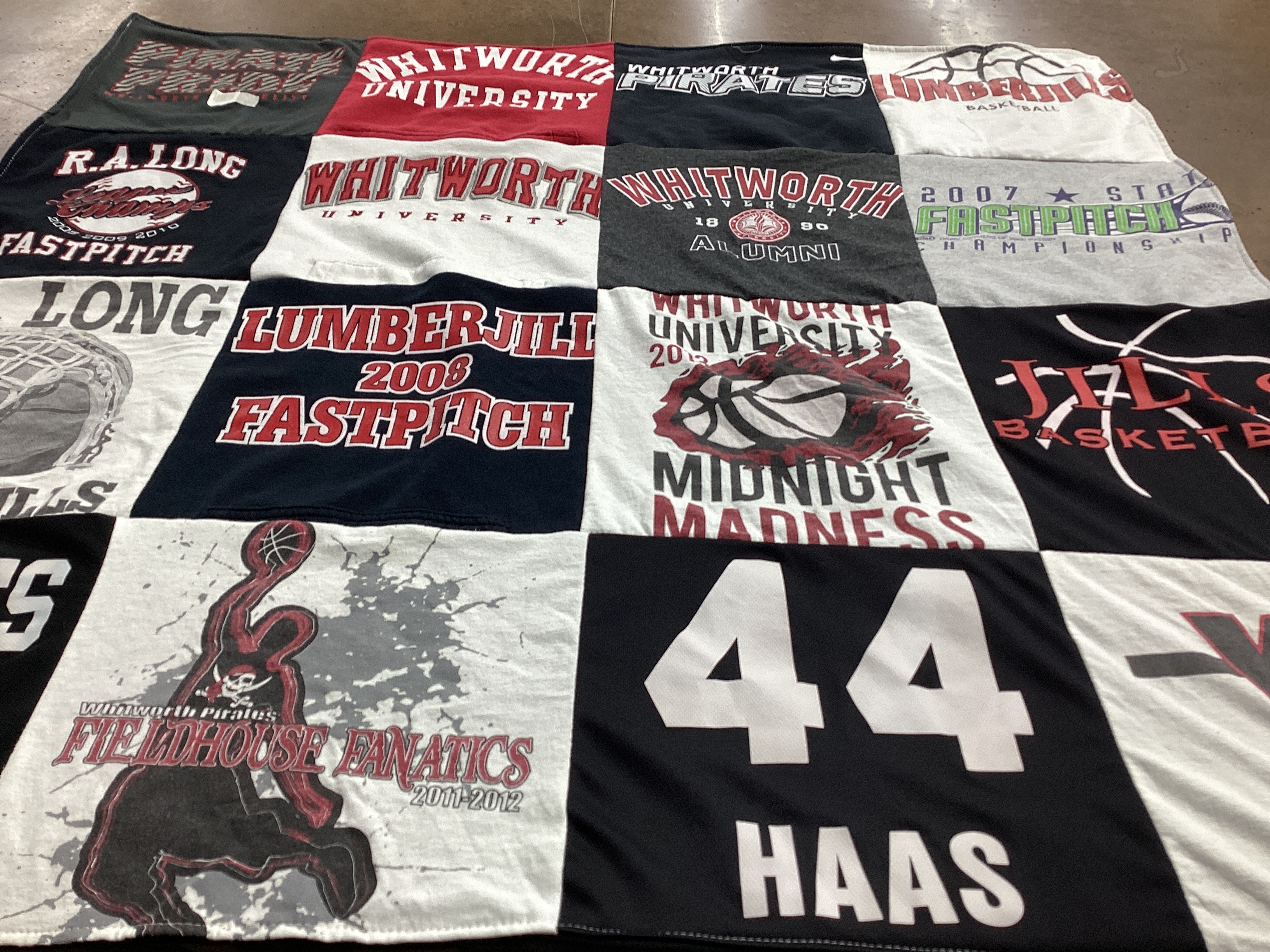 T-shirt quilt featuring whitworth pirates, lumberjills by Tara from WA