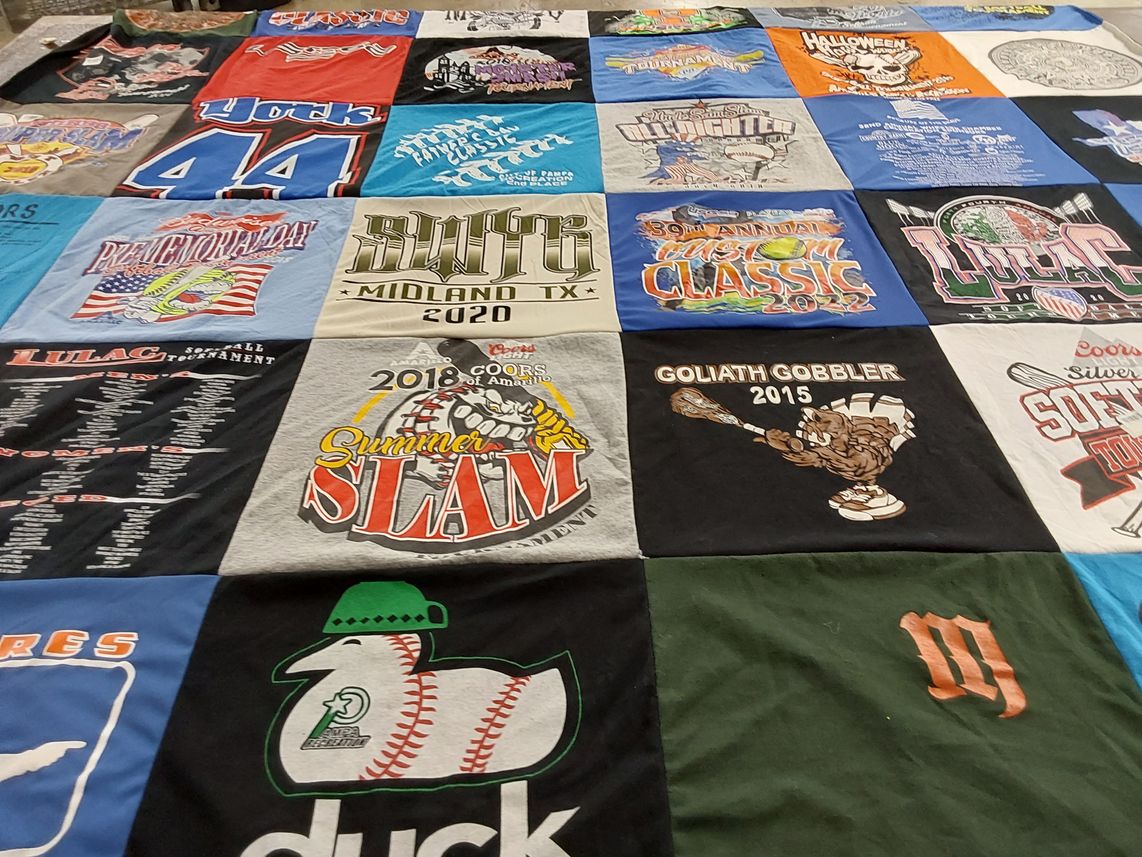 T-shirt quilt with softball, tournaments themes by Suzanne from TX
