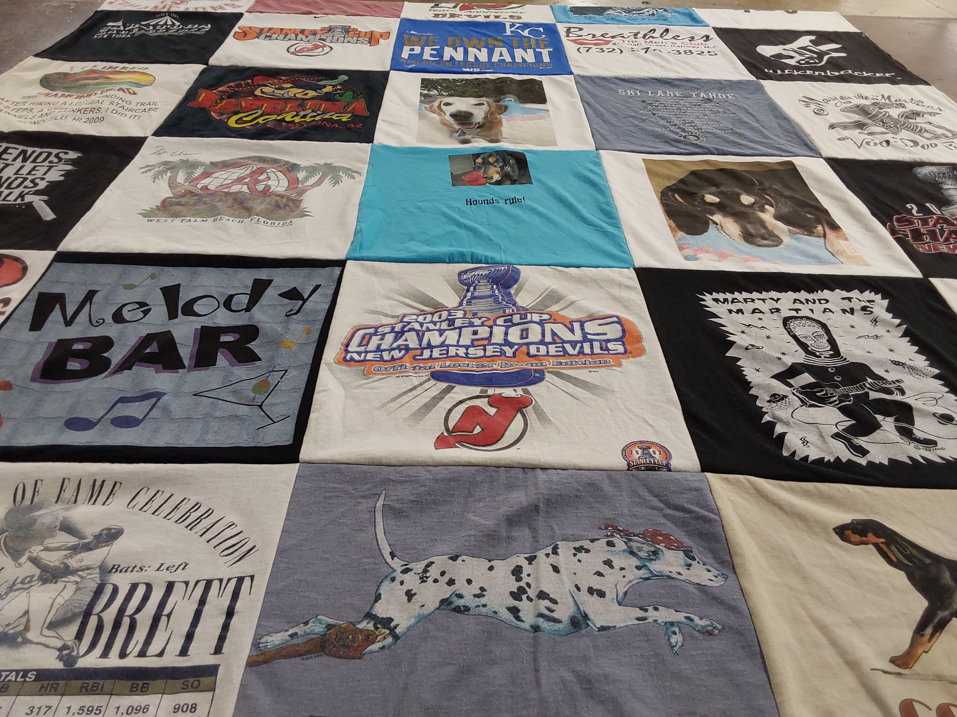 T-shirt quilt with hockey, baseball themes by Donna from NJ